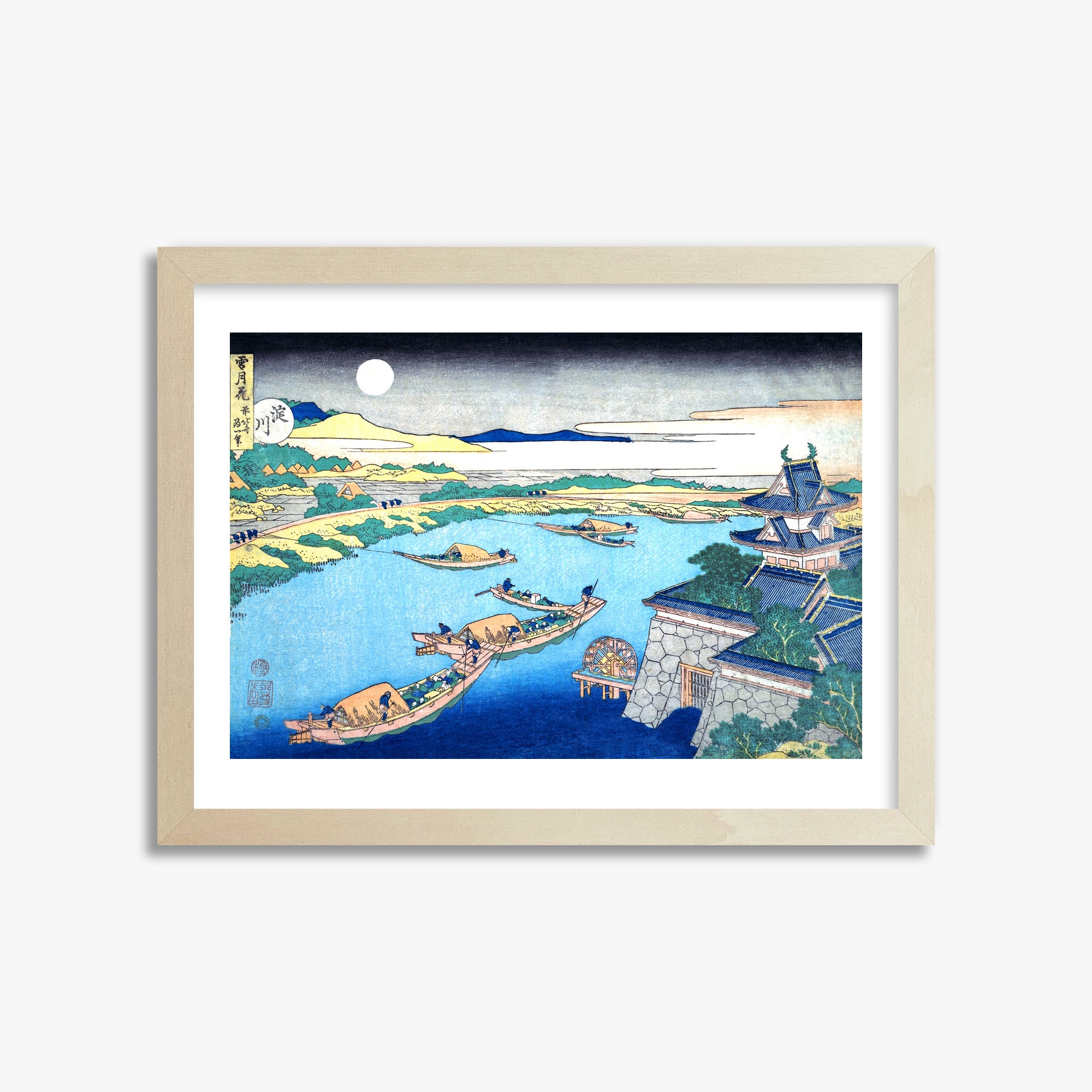 Katsushika Hokusai: Moonlight on the Yodo River, 30x40cm Framed Art Reproduction With Lime Wood Frame