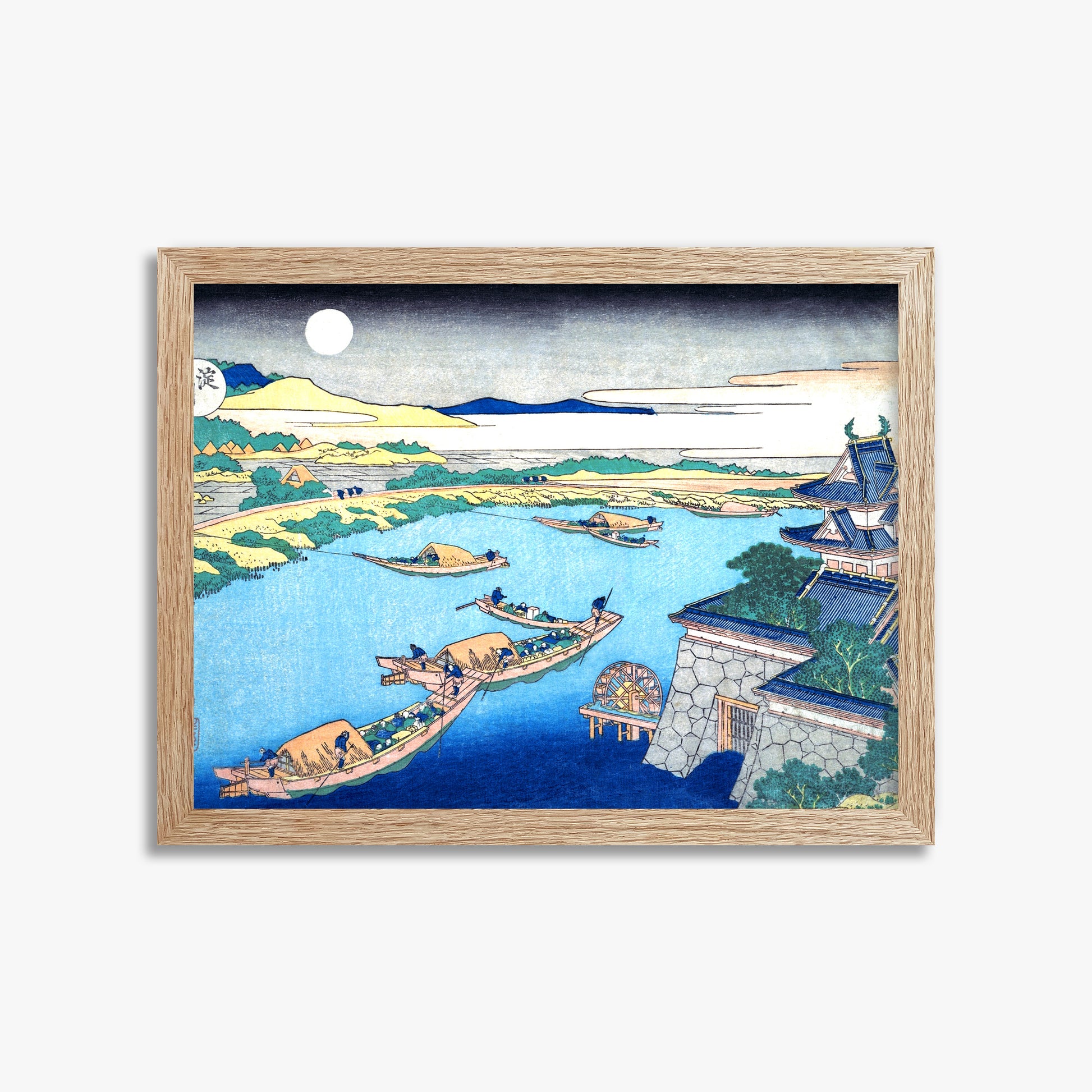 Katsushika Hokusai: Moonlight on the Yodo River, 30x40cm Framed Art Reproduction With Raw Oak Frame