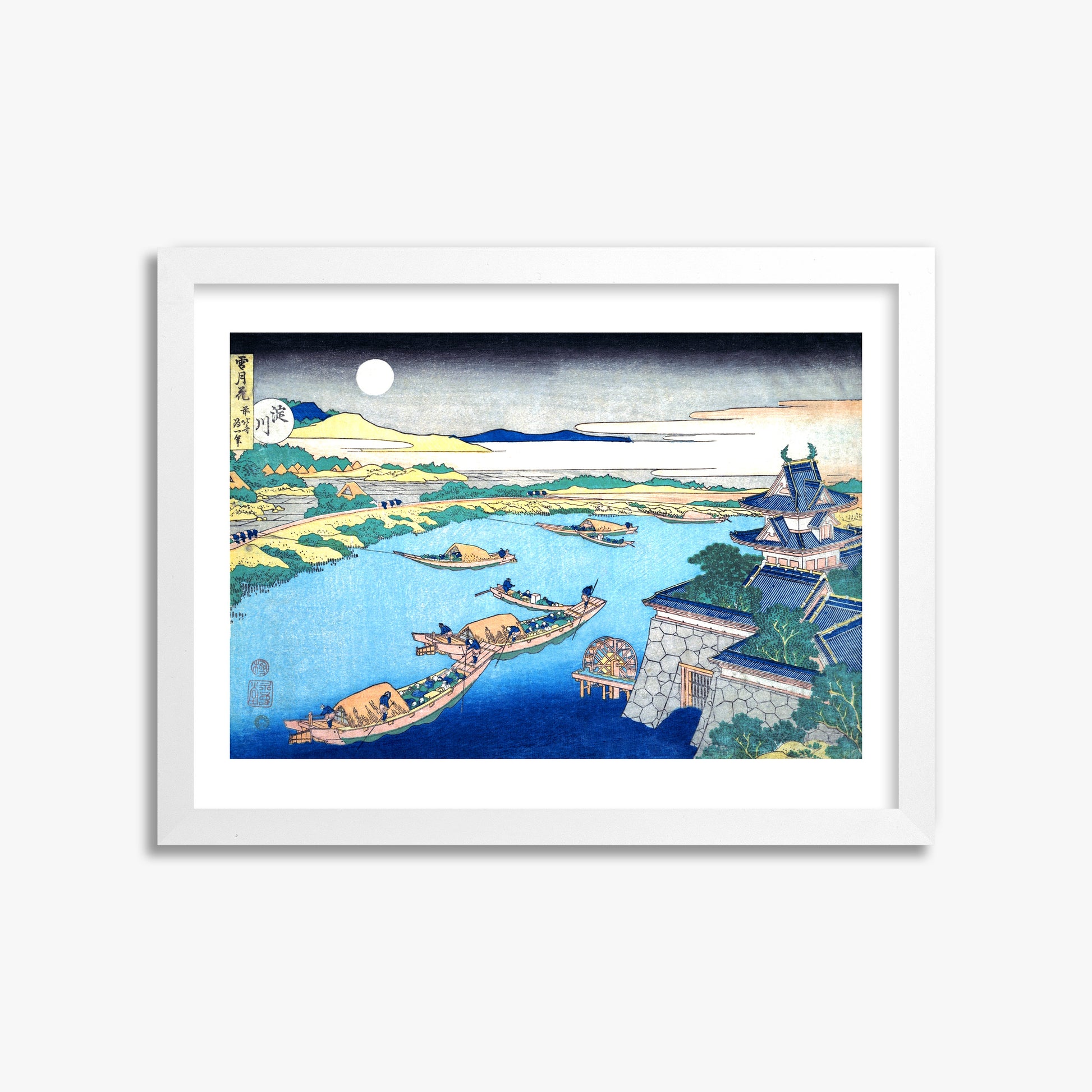 Katsushika Hokusai: Moonlight on the Yodo River, 30x40cm Framed Art Reproduction With White Frame