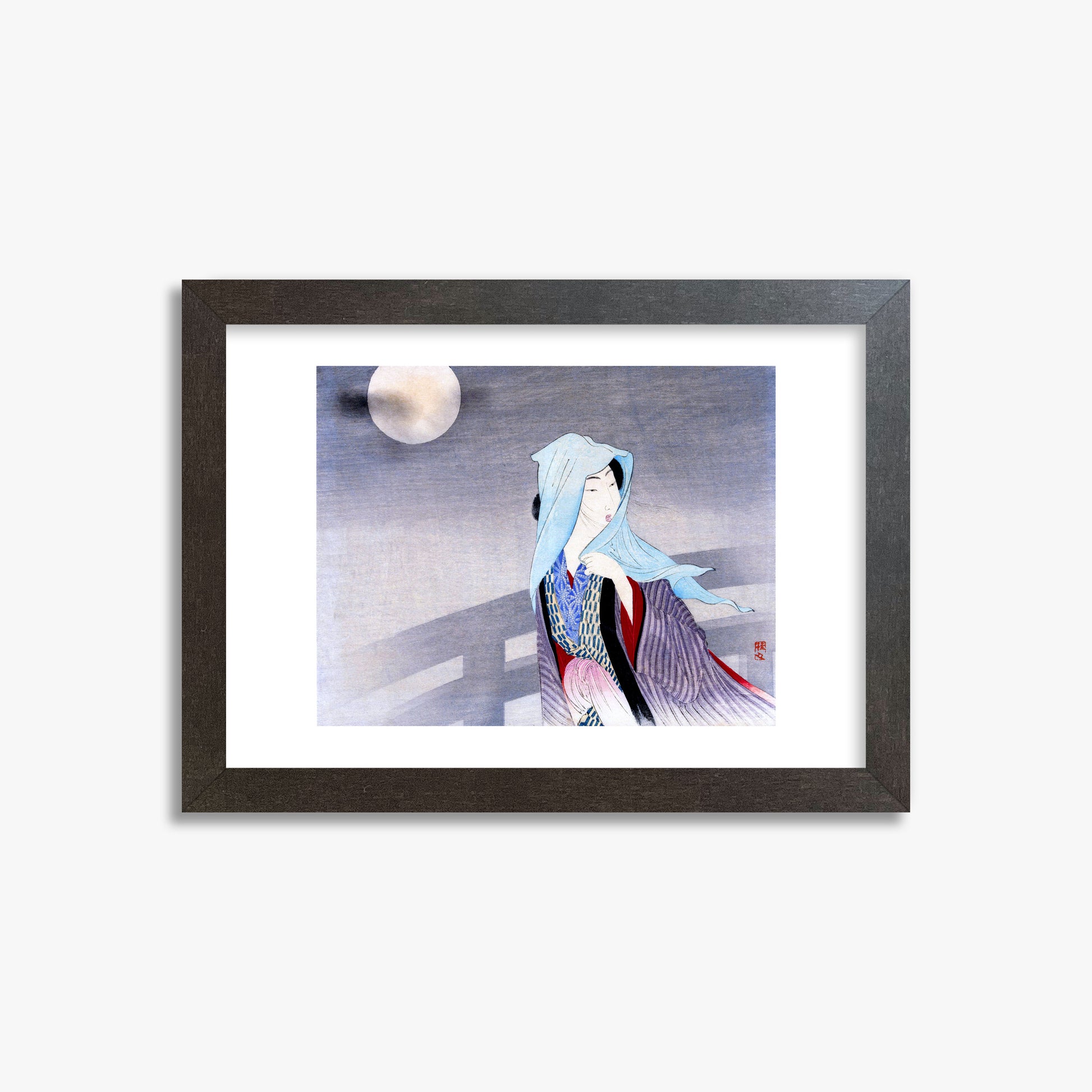 Takeuchi Keishu: Full Moon, 21x30cm Framed Art Reproduction With Espresso Frame