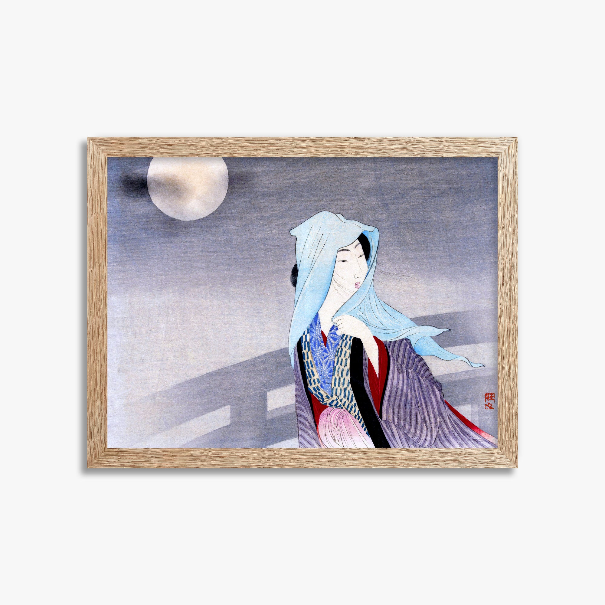 Takeuchi Keishu: Full Moon, 30x40cm Framed Art Reproduction With Raw Oak Frame