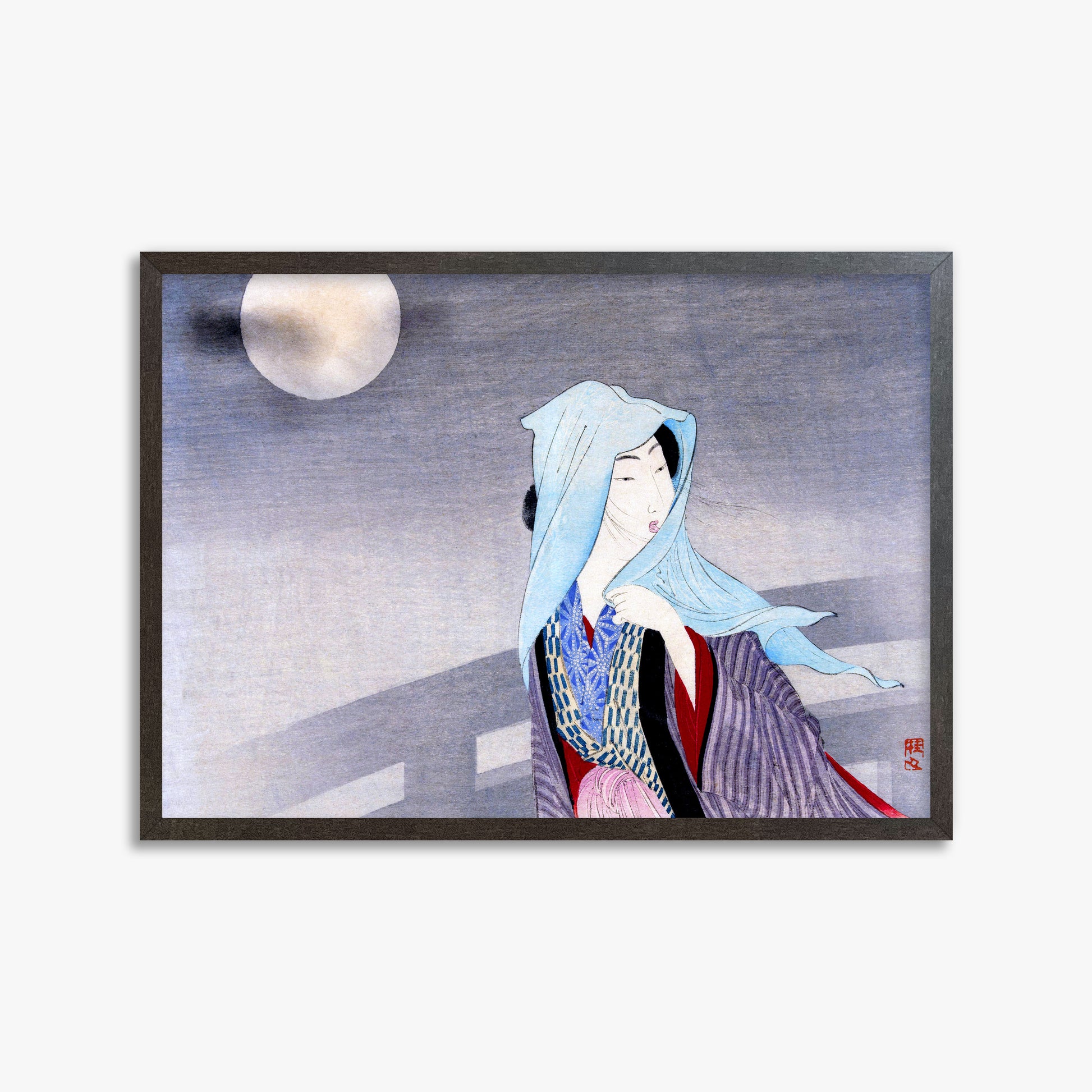Takeuchi Keishu: Full Moon, 50x70cm Framed Art Reproduction With Espresso Frame