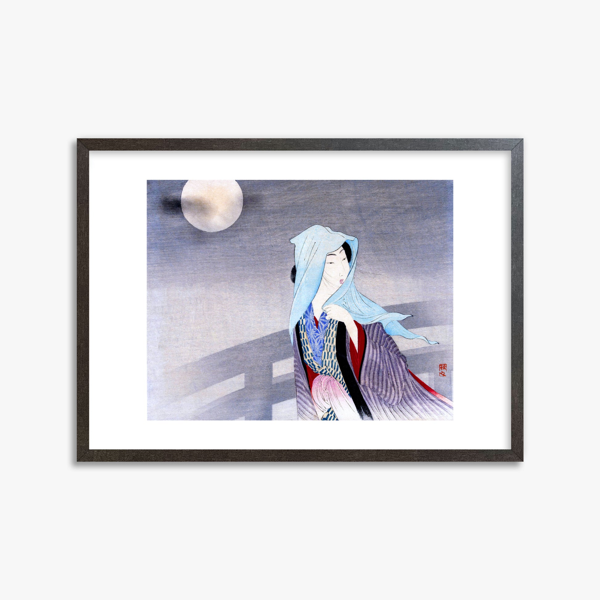 Takeuchi Keishu: Full Moon, 50x70cm Framed Art Reproduction With Espresso Frame