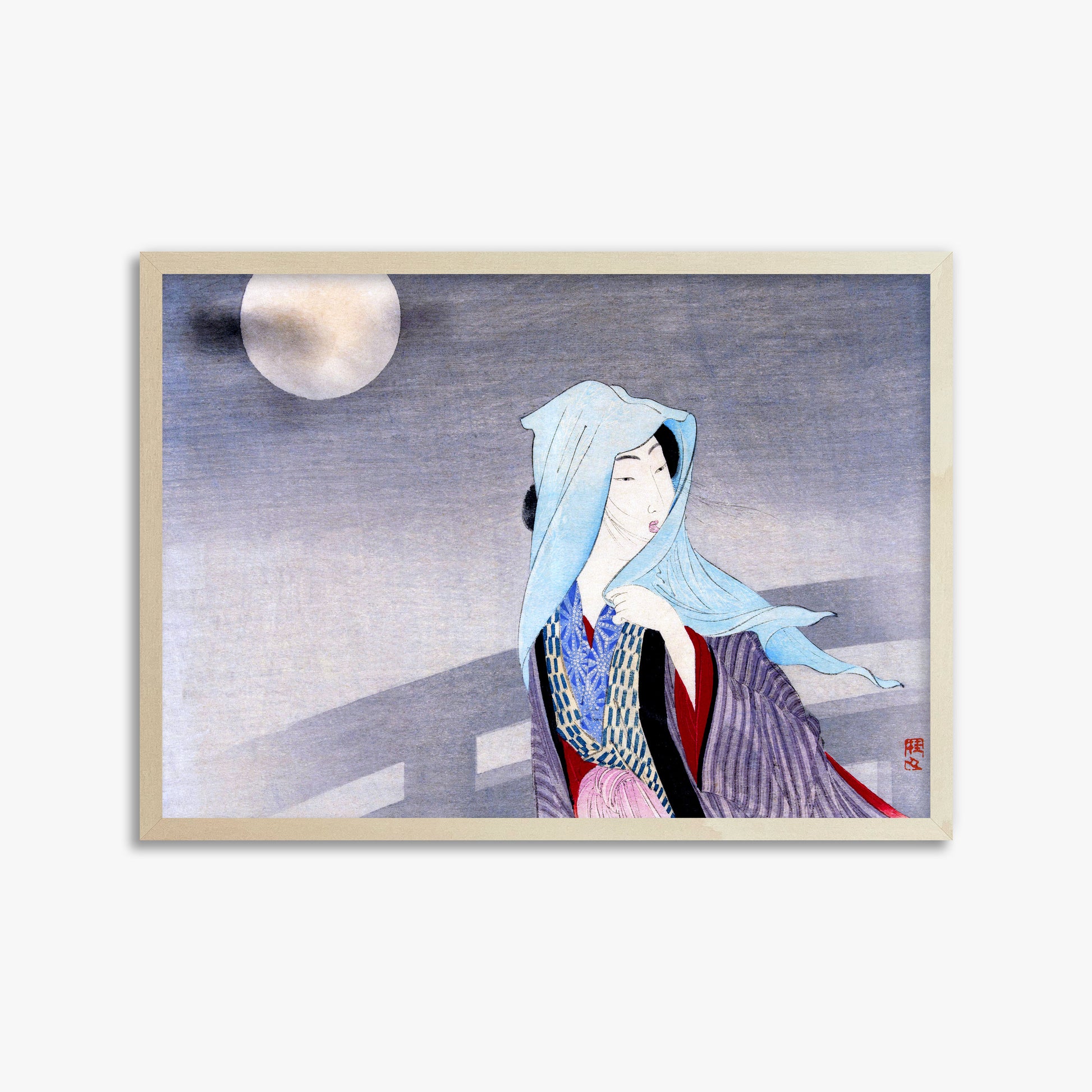 Takeuchi Keishu: Full Moon, 50x70cm Framed Art Reproduction With Lime Wood Frame