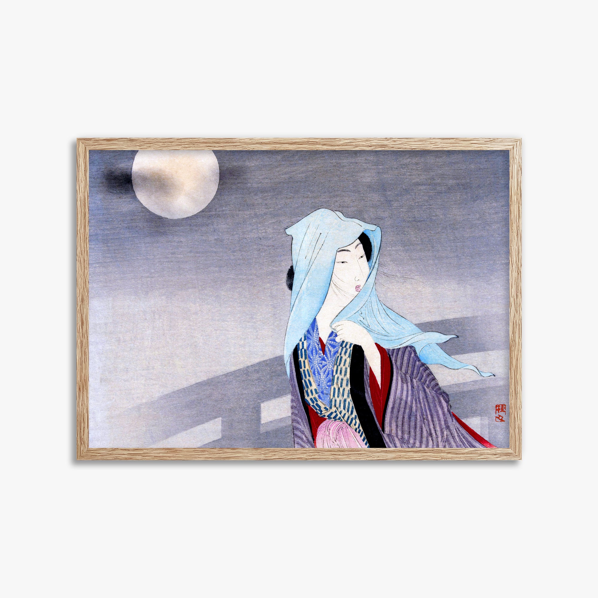 Takeuchi Keishu: Full Moon, 50x70cm Framed Art Reproduction With Raw Oak Frame