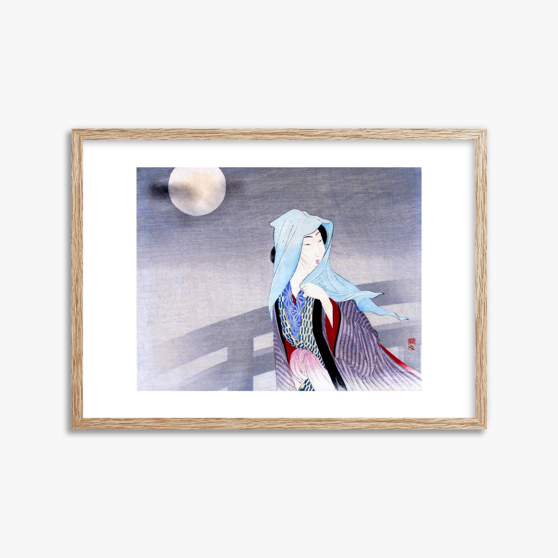 Takeuchi Keishu: Full Moon, 50x70cm Framed Art Reproduction With Raw Oak Frame