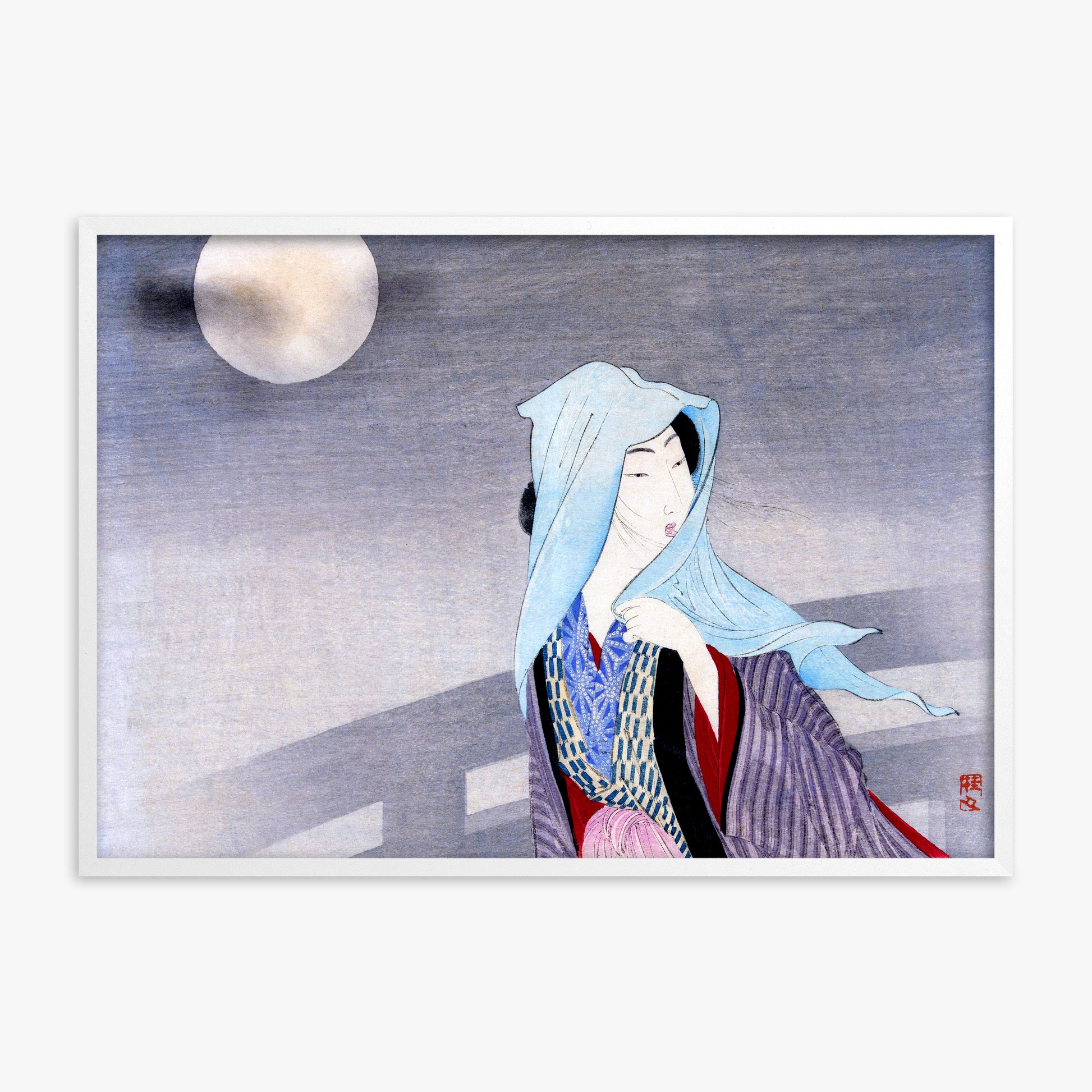 Takeuchi Keishu: Full Moon, White Framed Art Reproduction With White Frame