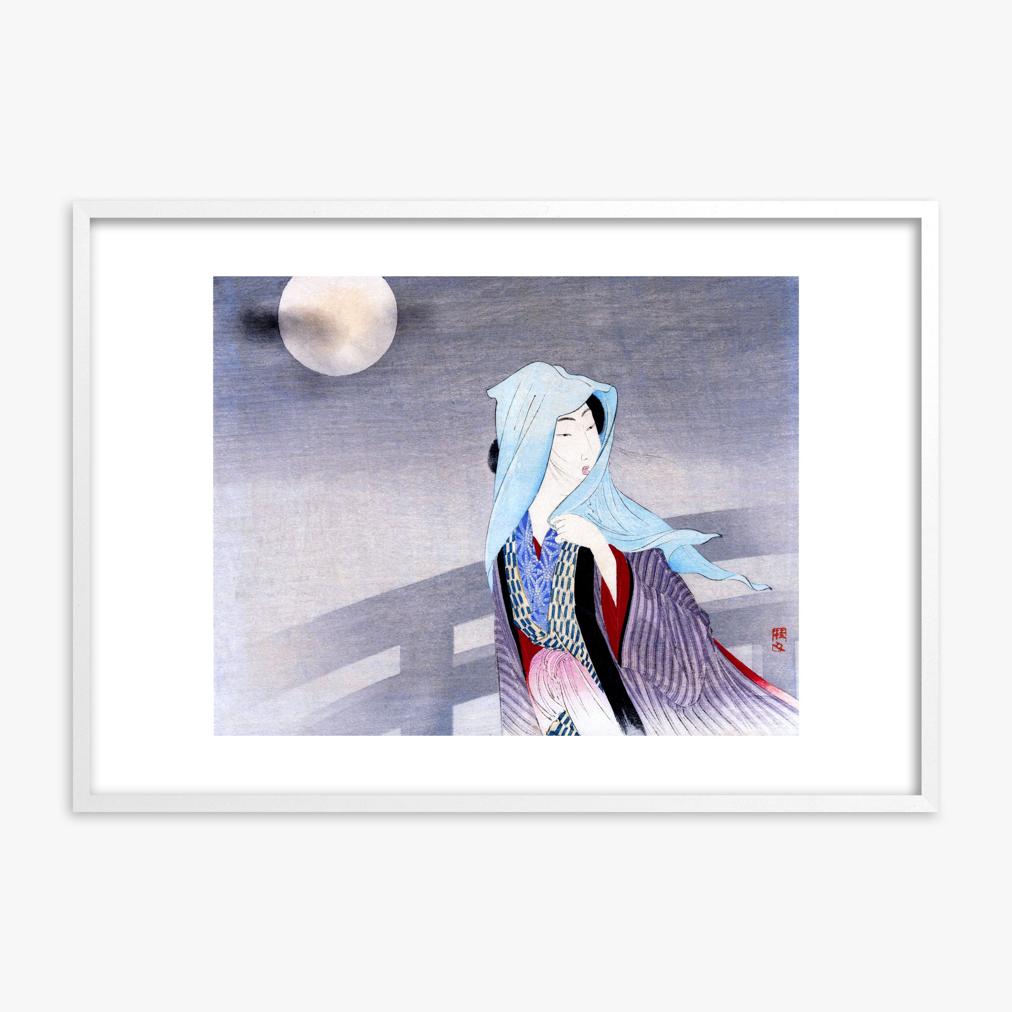 Takeuchi Keishu: Full Moon, White Framed Art Reproduction With White Frame