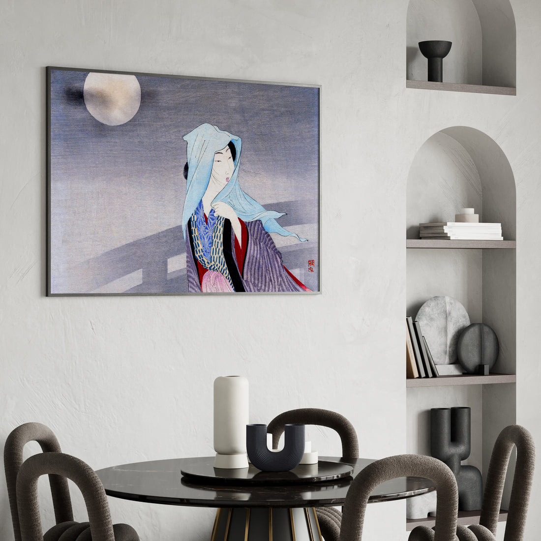 Takeuchi Keishu: Full Moon, 50x70cm Framed Art Reproduction With Black Frame
