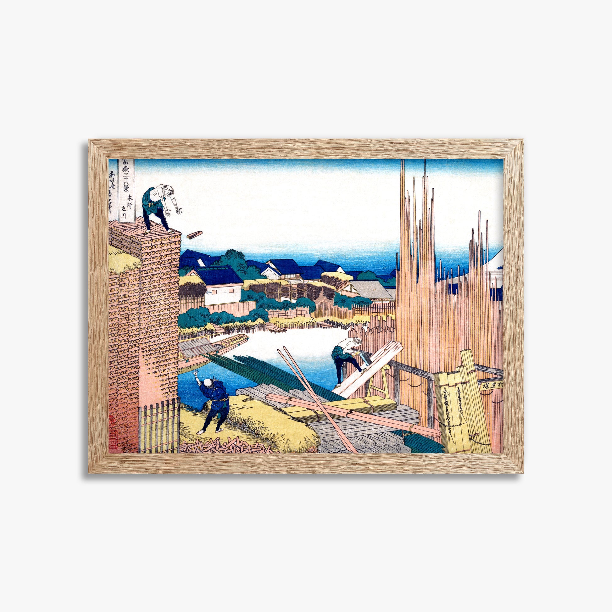Katsushika Hokusai: Tatekawa in Honjō, 30x40cm Framed Art Reproduction With Raw Oak Frame