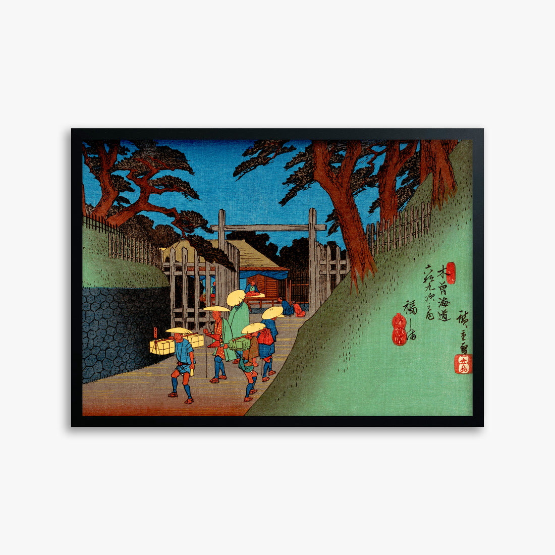 Utagawa Hiroshige: Fukushima Station, 50x70cm Framed Art Reproduction With Black Frame