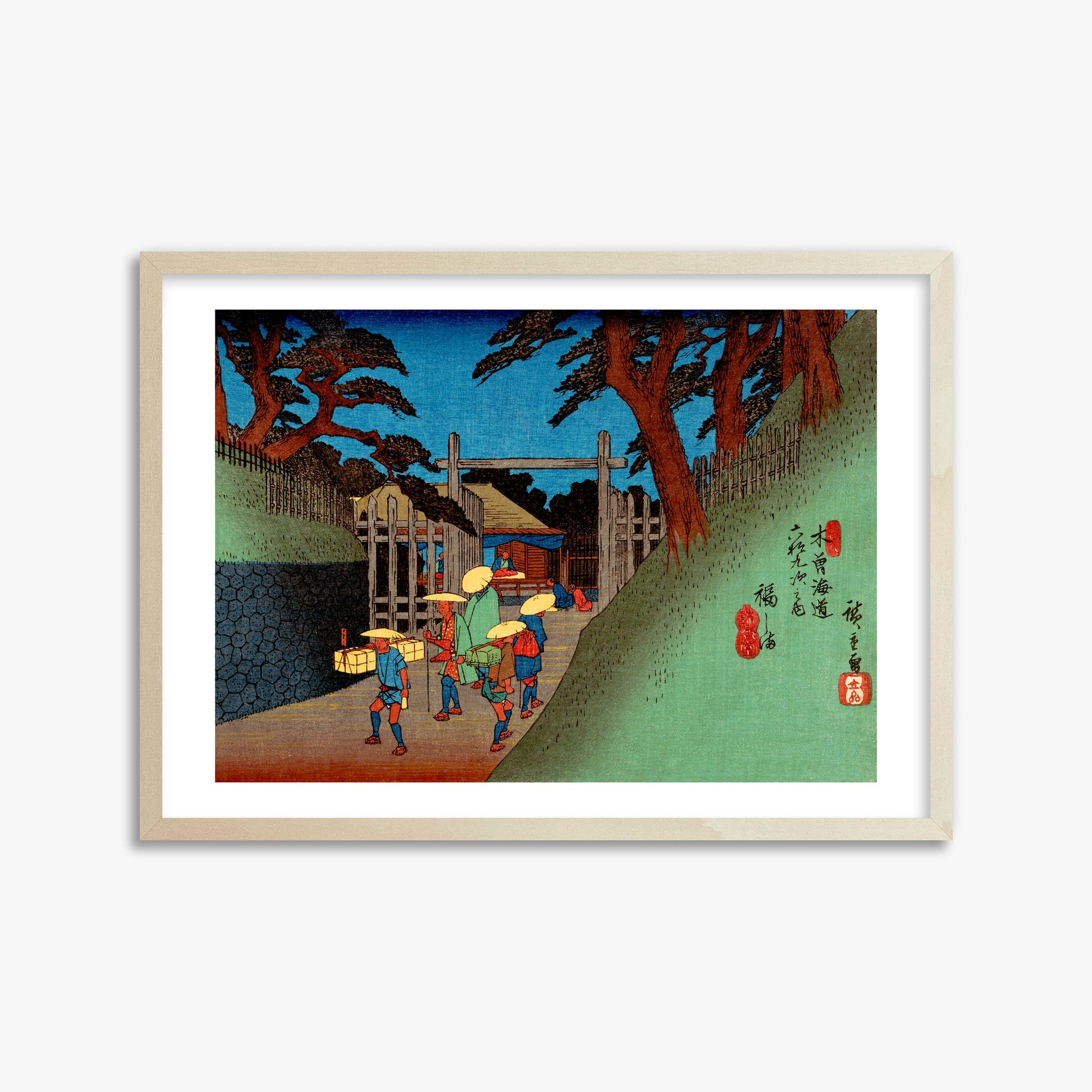 Utagawa Hiroshige: Fukushima Station, 50x70cm Framed Art Reproduction With Lime Wood Frame