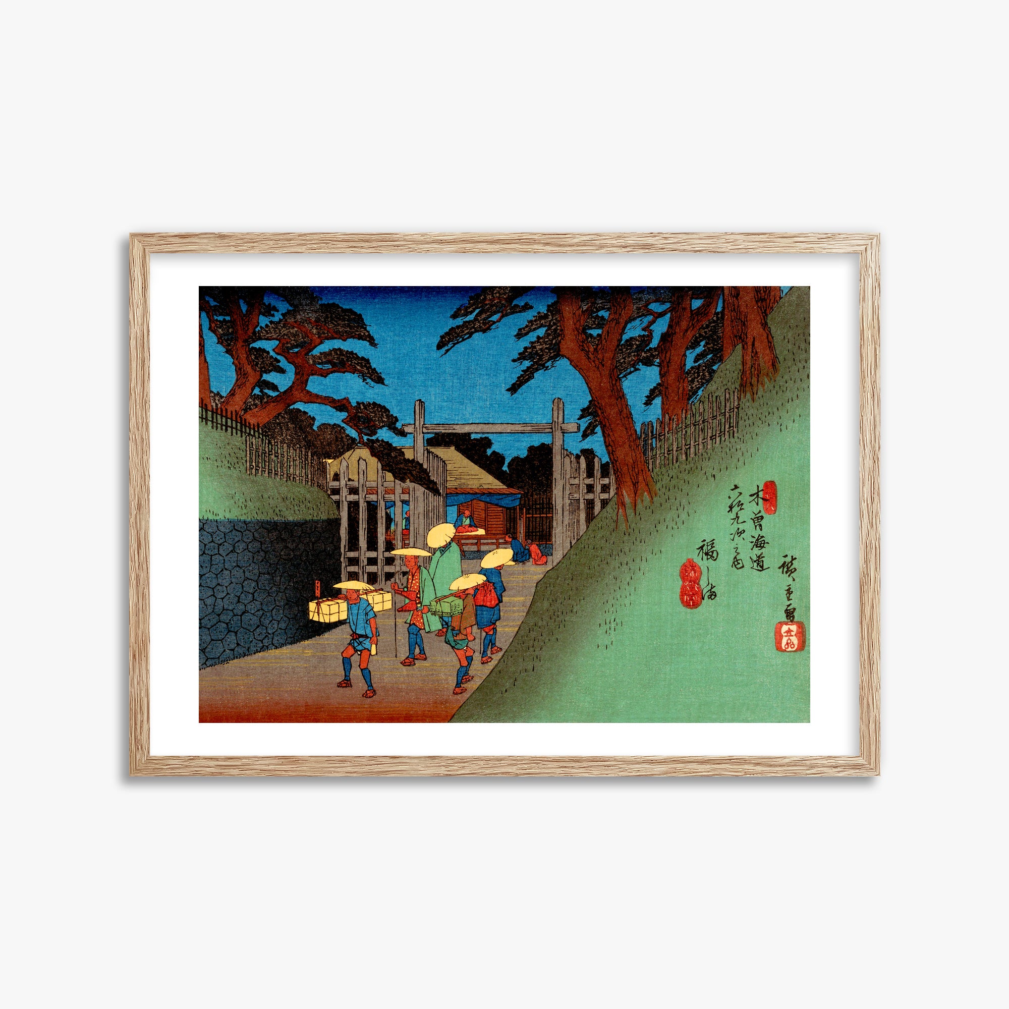 Utagawa Hiroshige: Fukushima Station, 50x70cm Framed Art Reproduction With Raw Oak Frame