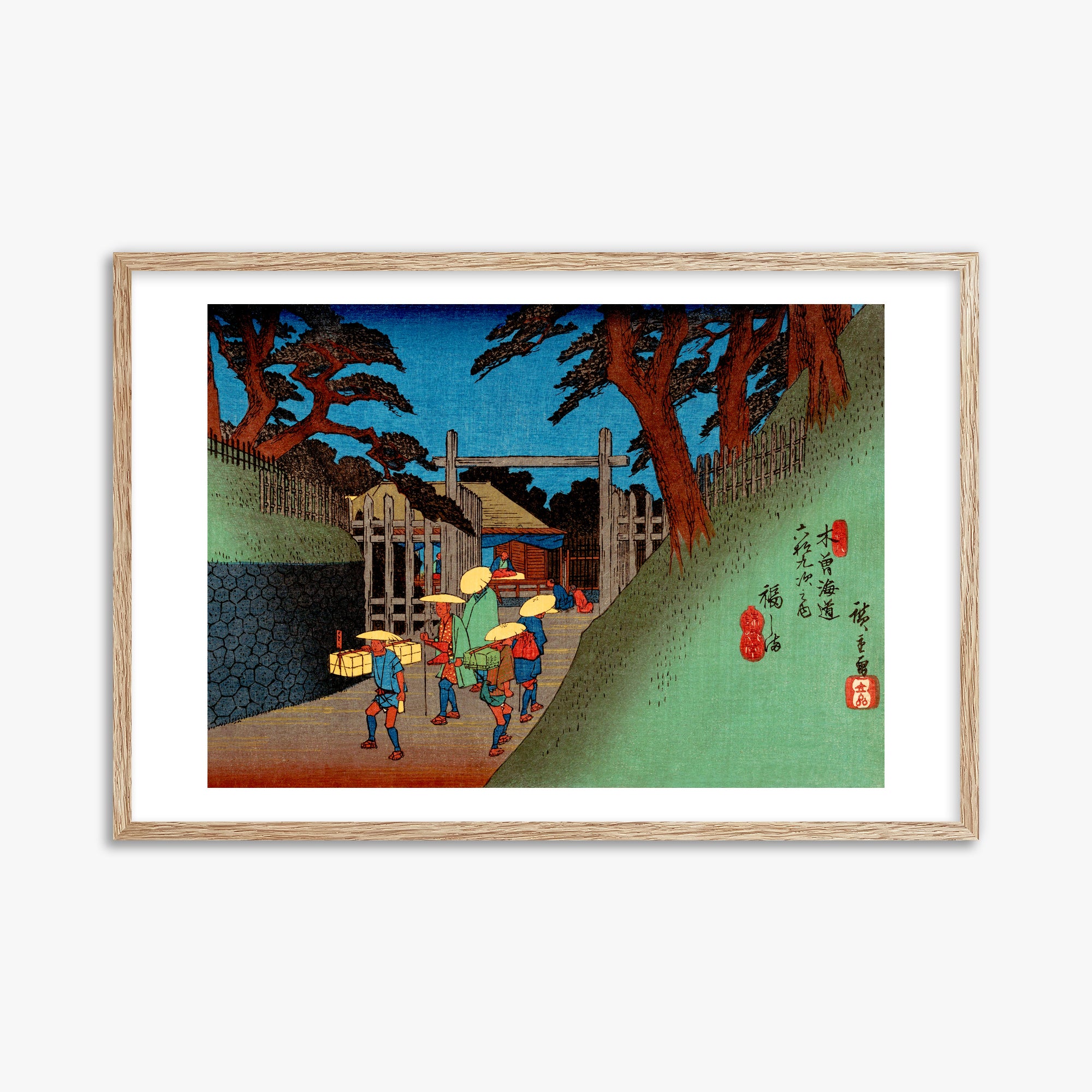 Utagawa Hiroshige: Fukushima Station, 61x91cm Framed Art Reproduction With Raw Oak Frame