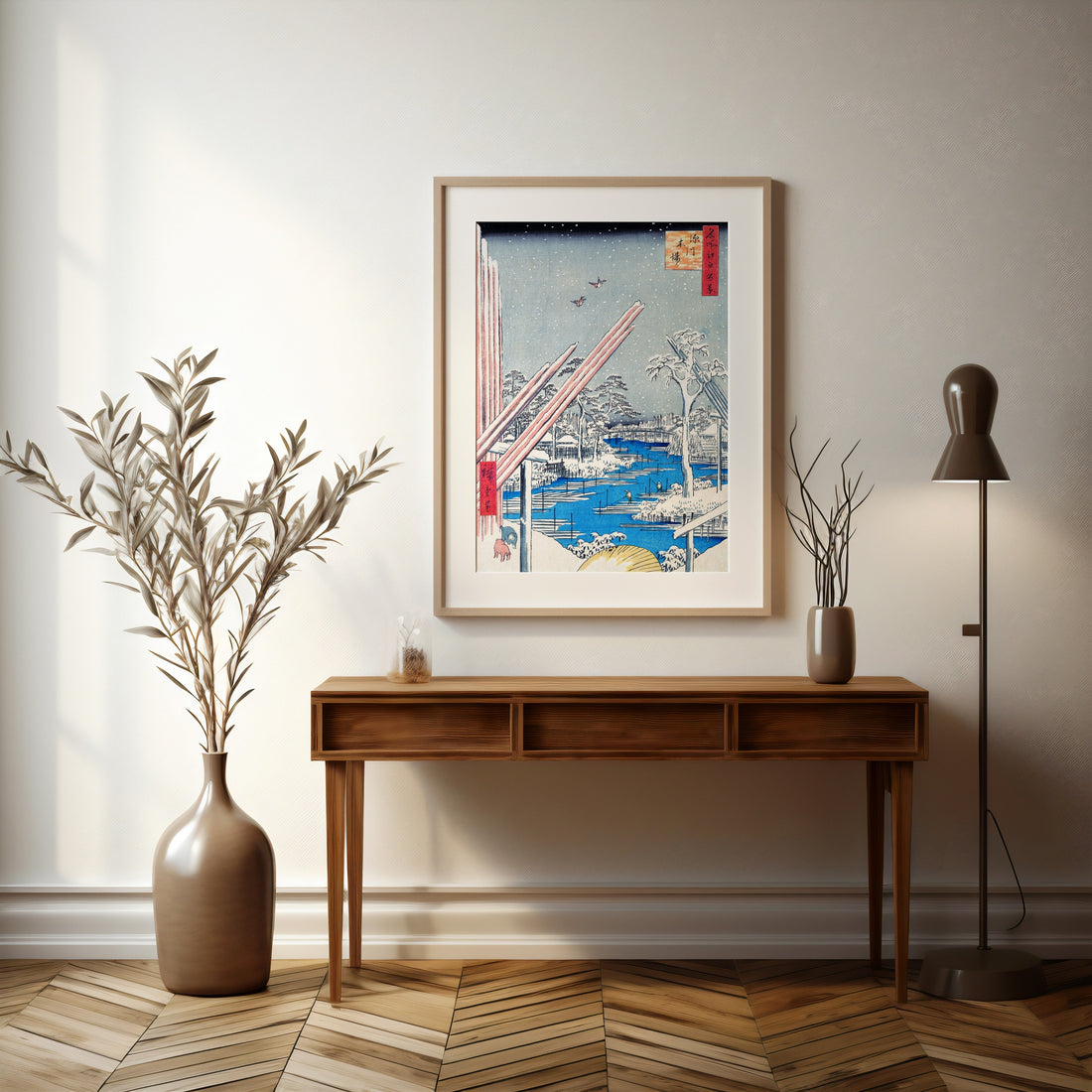 Utagawa Hiroshige: The Lumber Yard at Fukagawa, 50x70cm Framed Art Reproduction With Black Frame
