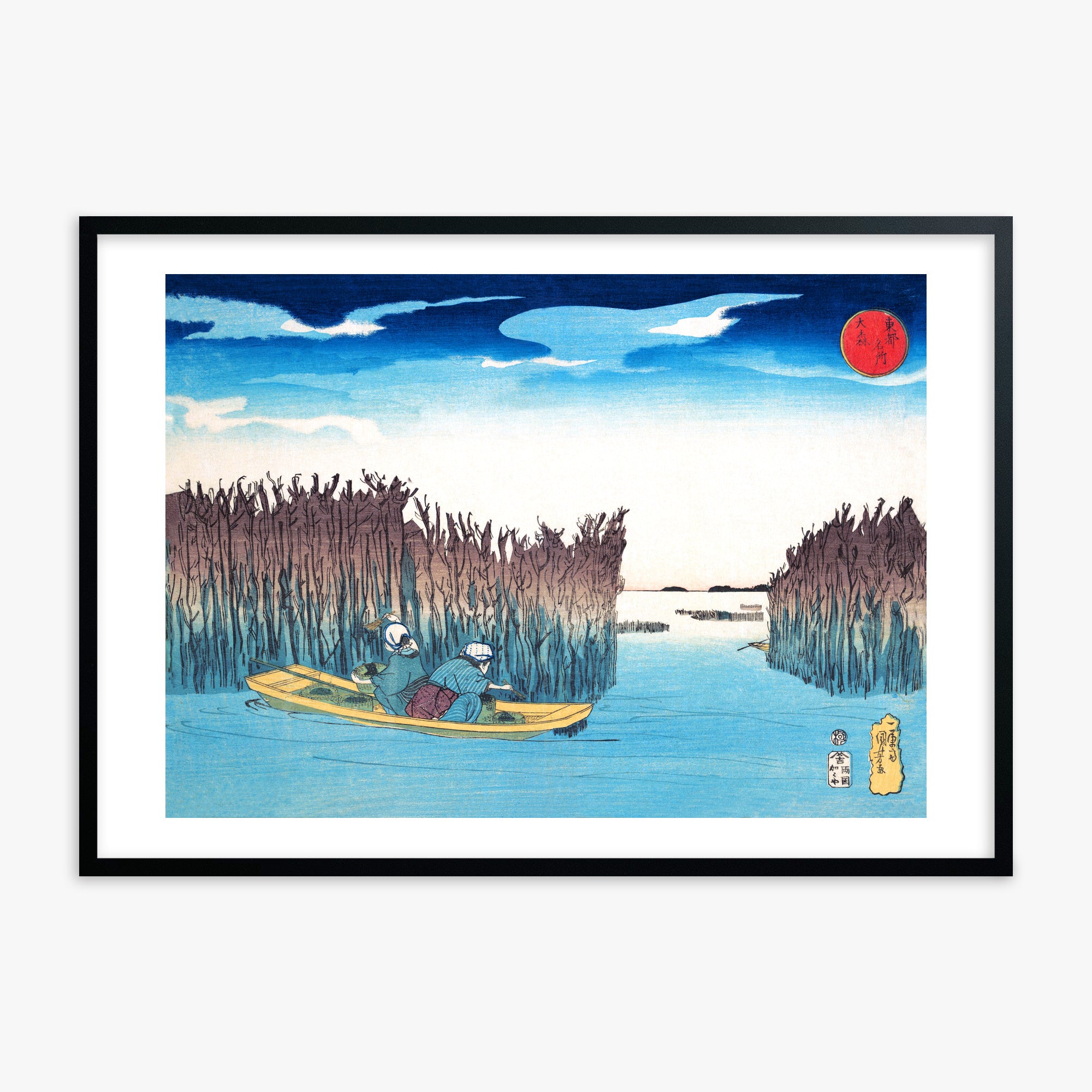Utagawa Kuniyoshi: Seaweed Gatherers at Omori, Black Framed Art Reproduction With Black Frame