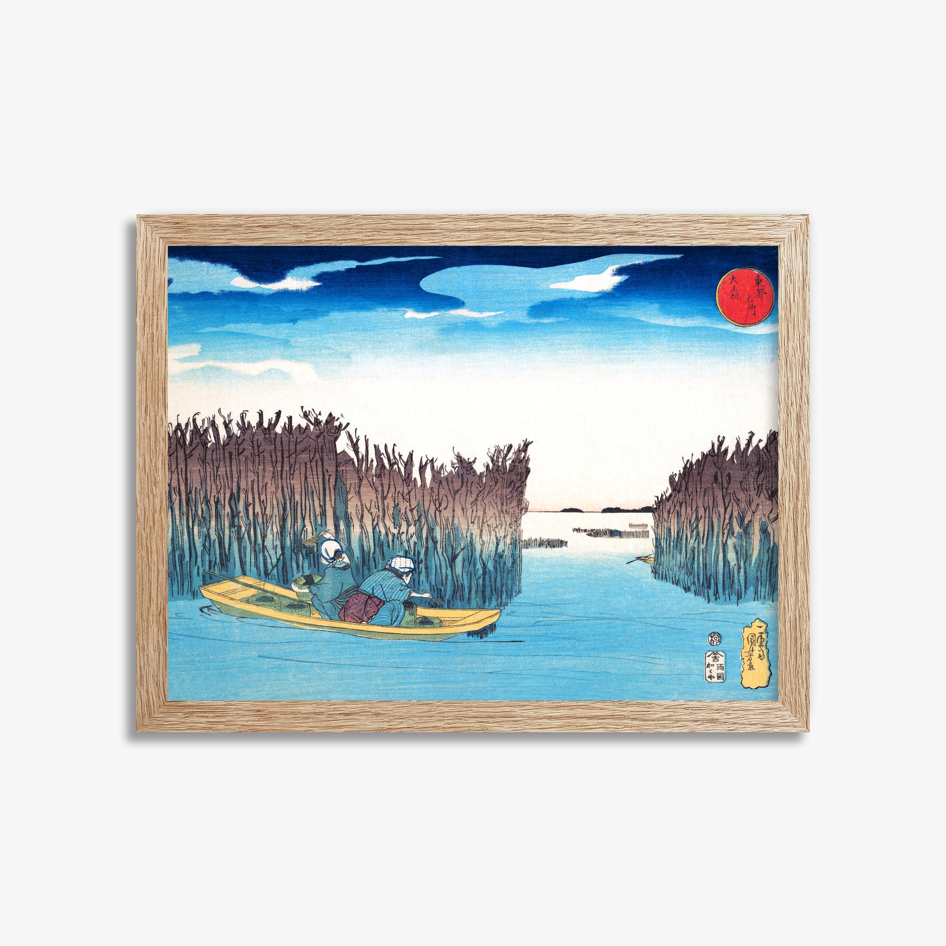 Utagawa Kuniyoshi: Seaweed Gatherers at Omori, 30x40cm Framed Art Reproduction With Raw Oak Frame