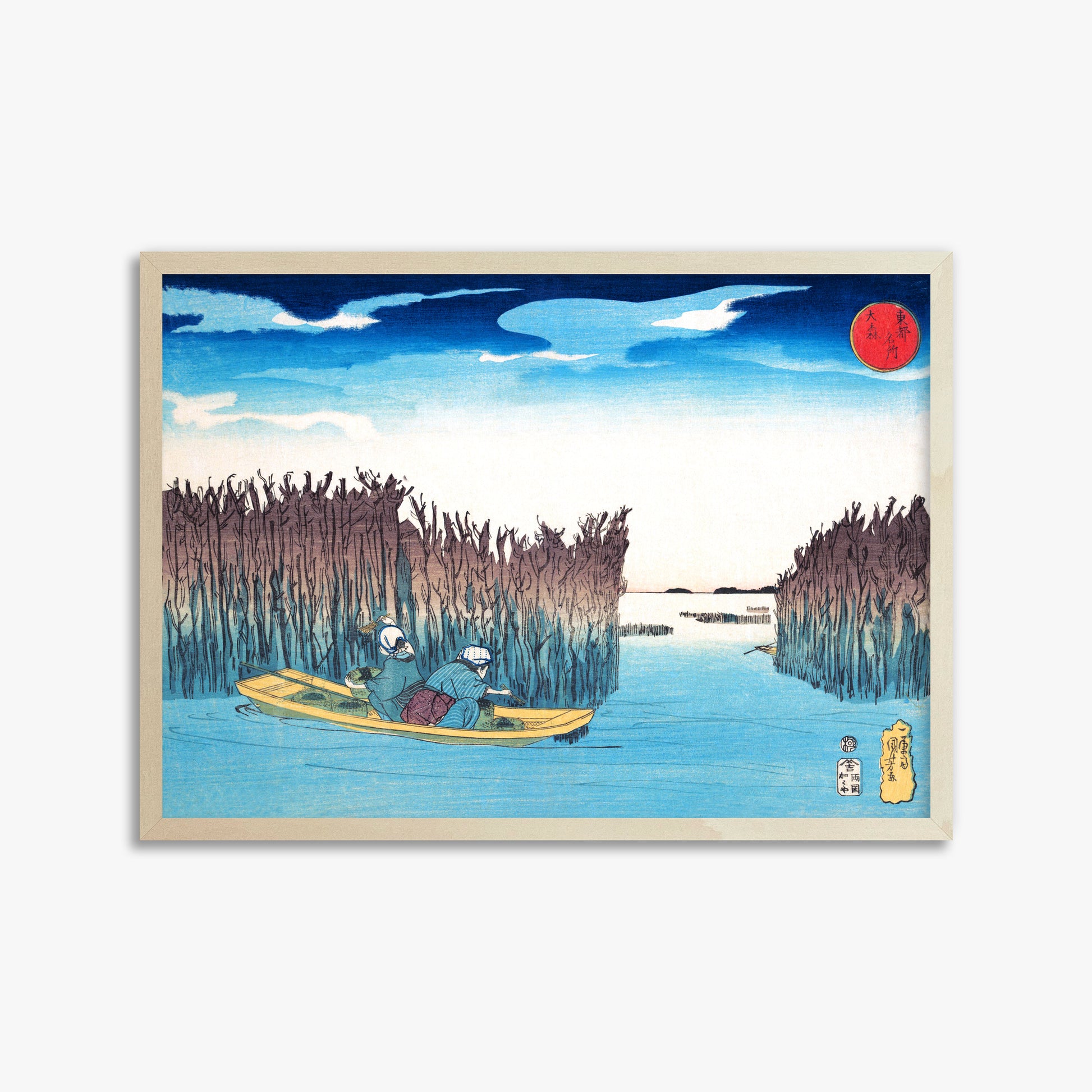 Utagawa Kuniyoshi: Seaweed Gatherers at Omori, 50x70cm Framed Art Reproduction With Lime Wood Frame