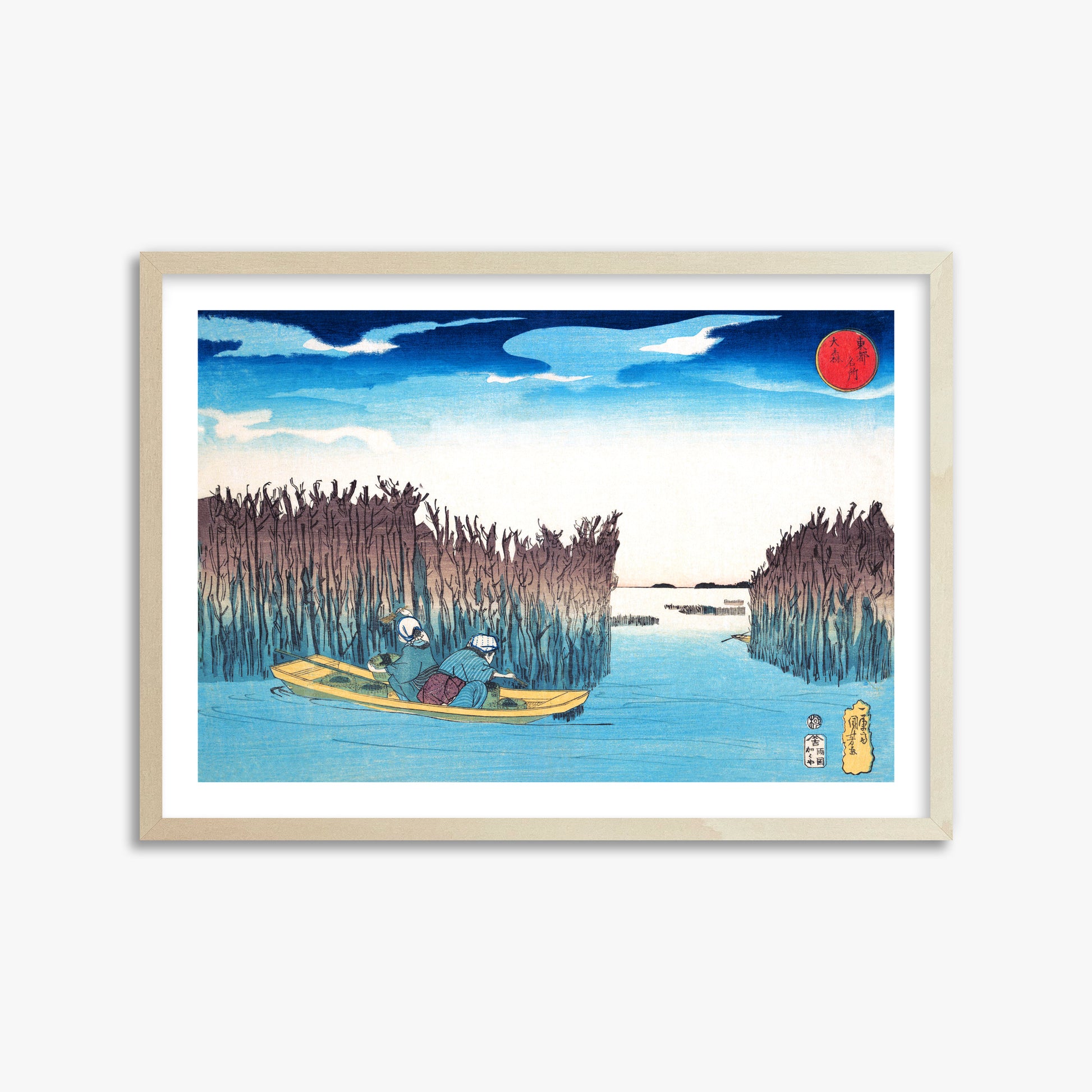 Utagawa Kuniyoshi: Seaweed Gatherers at Omori, 50x70cm Framed Art Reproduction With Lime Wood Frame