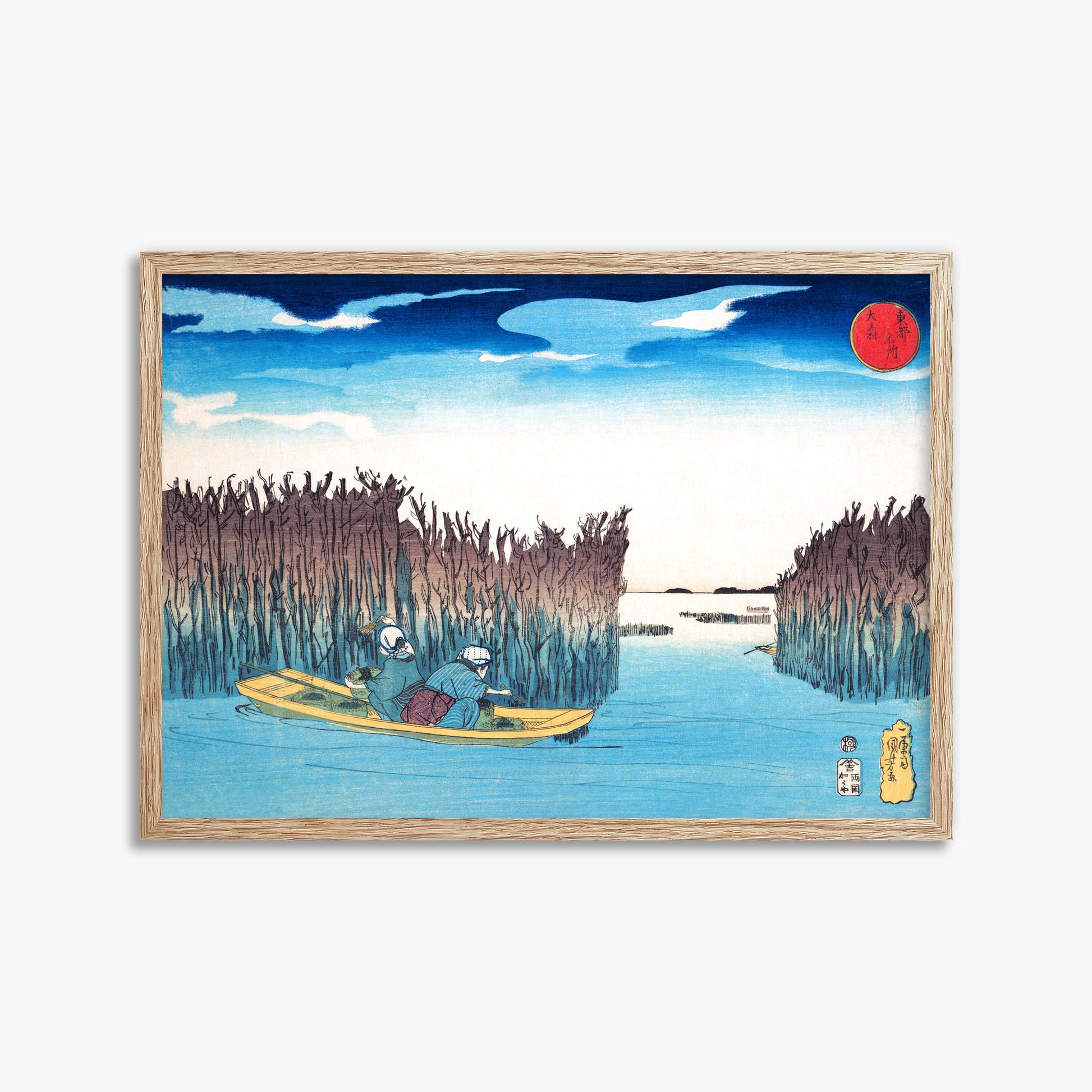 Utagawa Kuniyoshi: Seaweed Gatherers at Omori, 50x70cm Framed Art Reproduction With Raw Oak Frame
