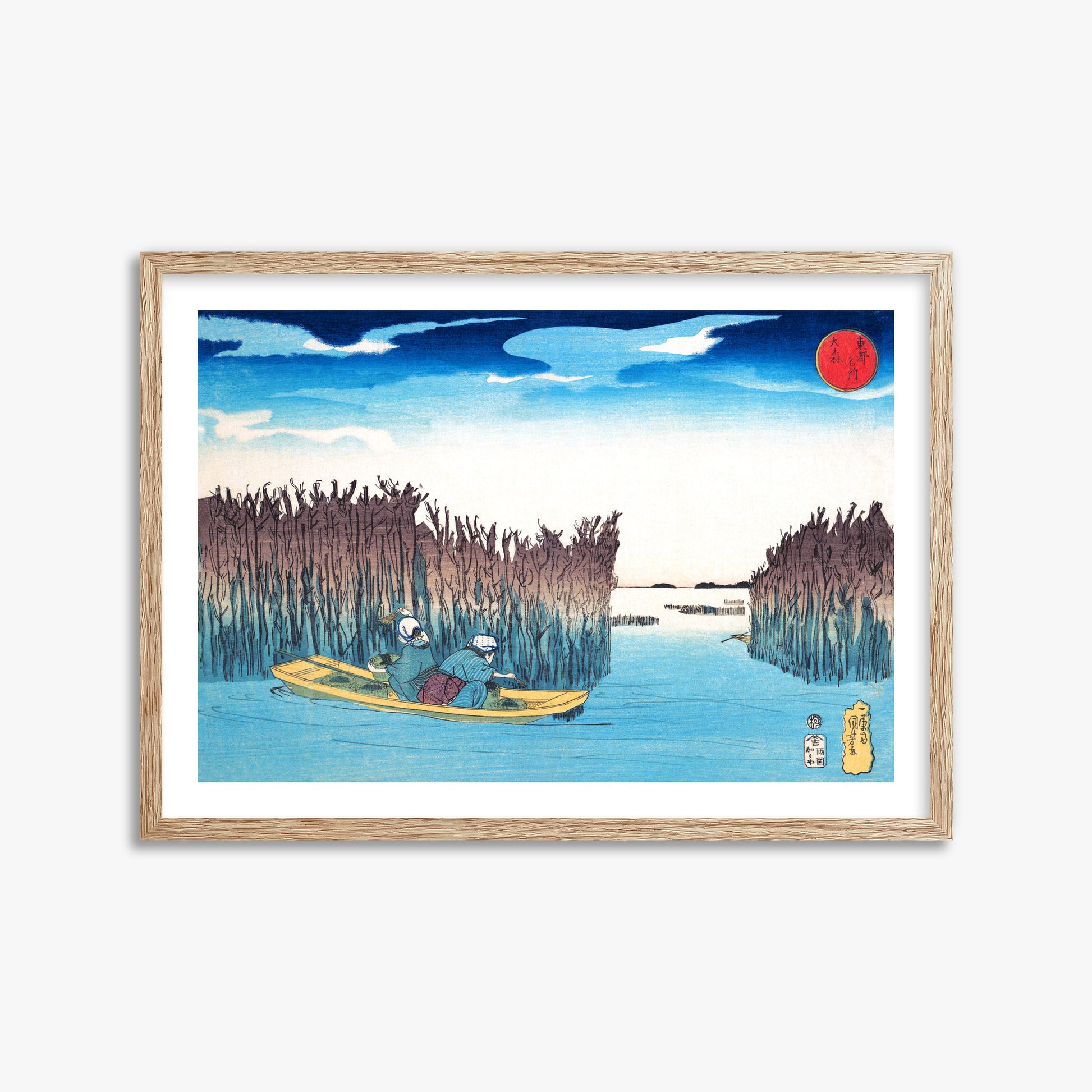 Utagawa Kuniyoshi: Seaweed Gatherers at Omori, 50x70cm Framed Art Reproduction With Raw Oak Frame