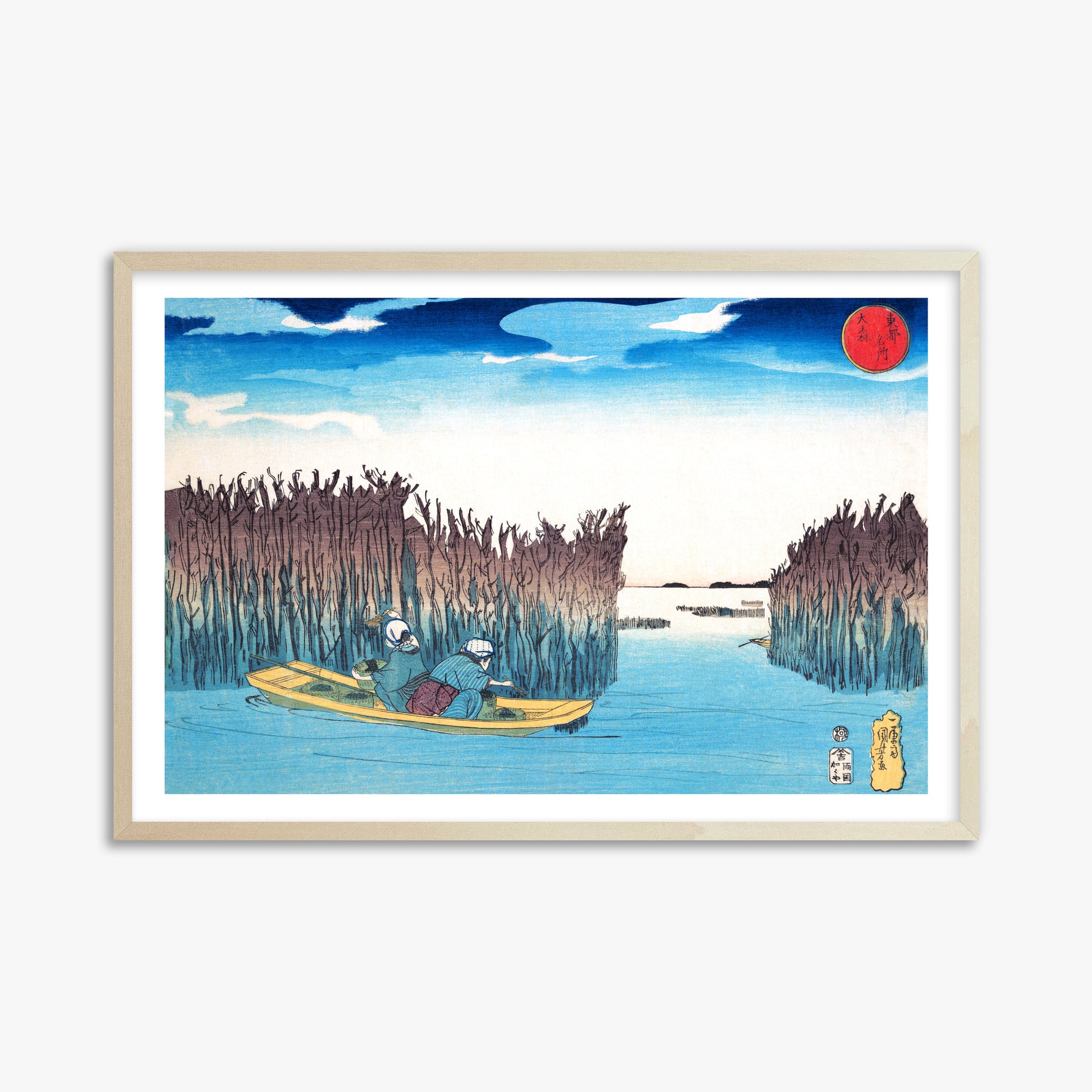 Utagawa Kuniyoshi: Seaweed Gatherers at Omori, 61x91cm Framed Art Reproduction With Lime Wood Frame