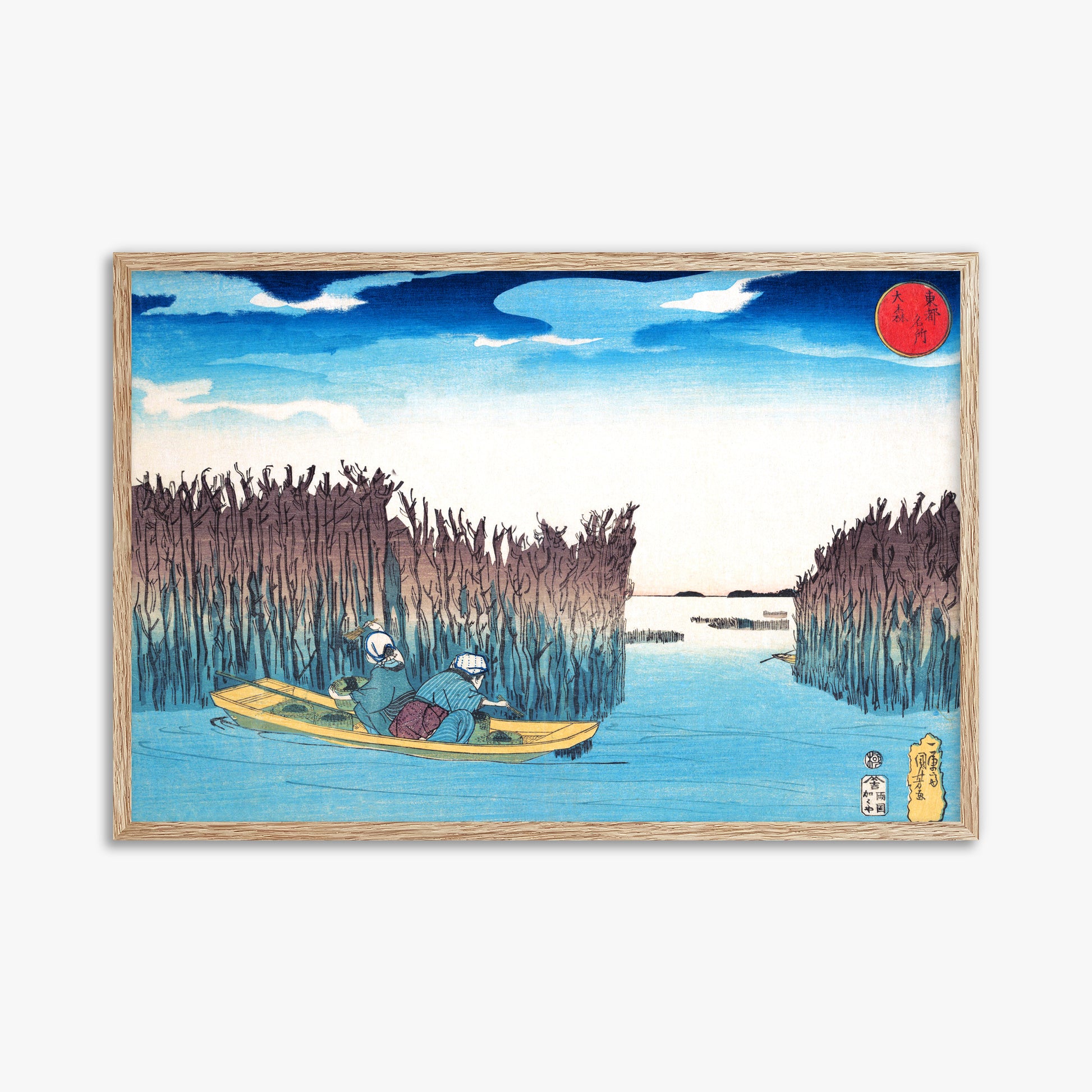 Utagawa Kuniyoshi: Seaweed Gatherers at Omori, 61x91cm Framed Art Reproduction With Raw Oak Frame