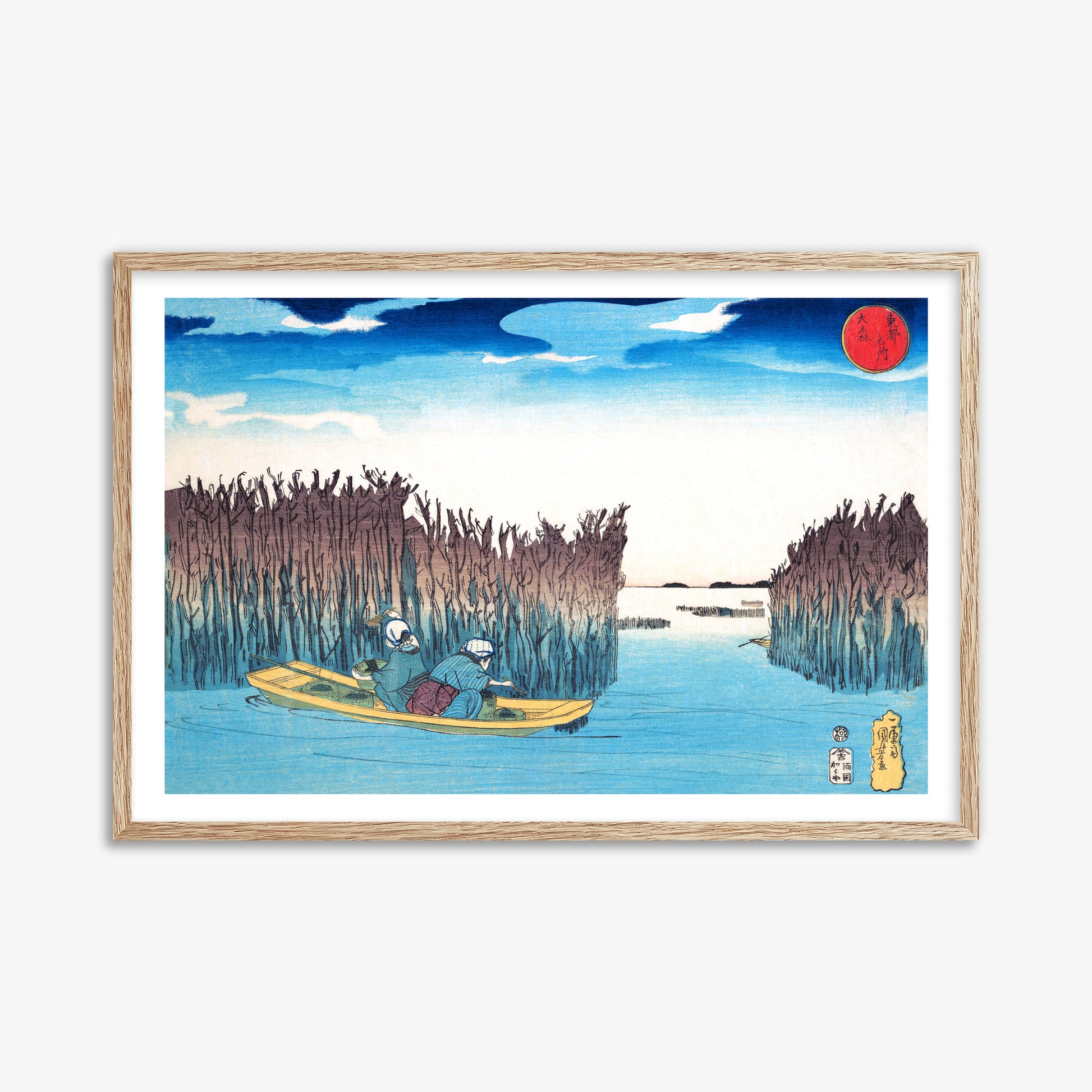 Utagawa Kuniyoshi: Seaweed Gatherers at Omori, 61x91cm Framed Art Reproduction With Raw Oak Frame