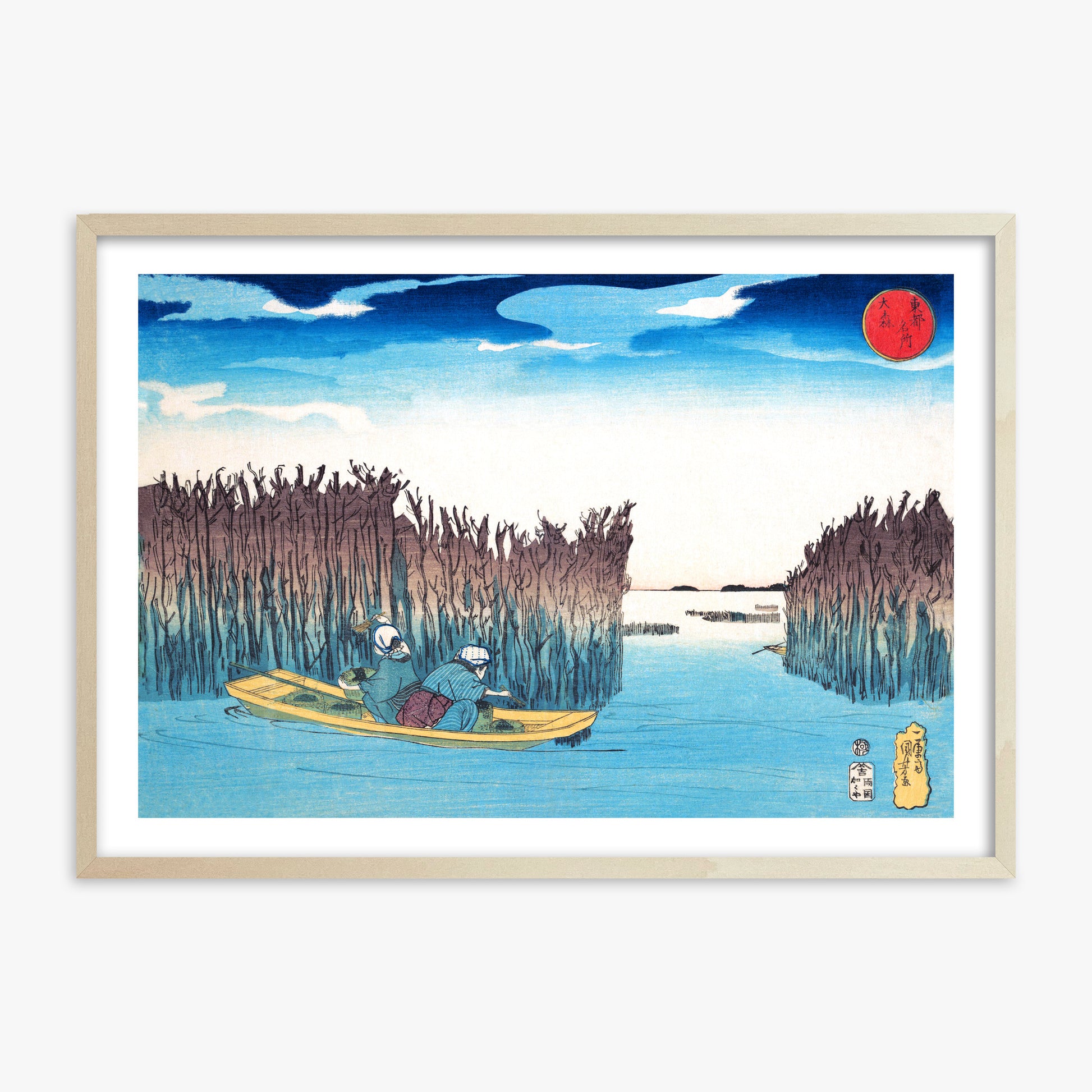 Utagawa Kuniyoshi: Seaweed Gatherers at Omori, 70x100cm Framed Art Reproduction With Lime Wood Frame