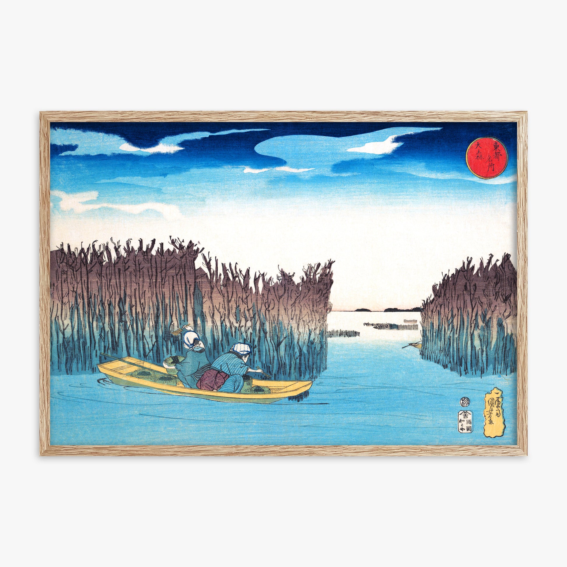 Utagawa Kuniyoshi: Seaweed Gatherers at Omori, 70x100cm Framed Art Reproduction With Raw Oak Frame