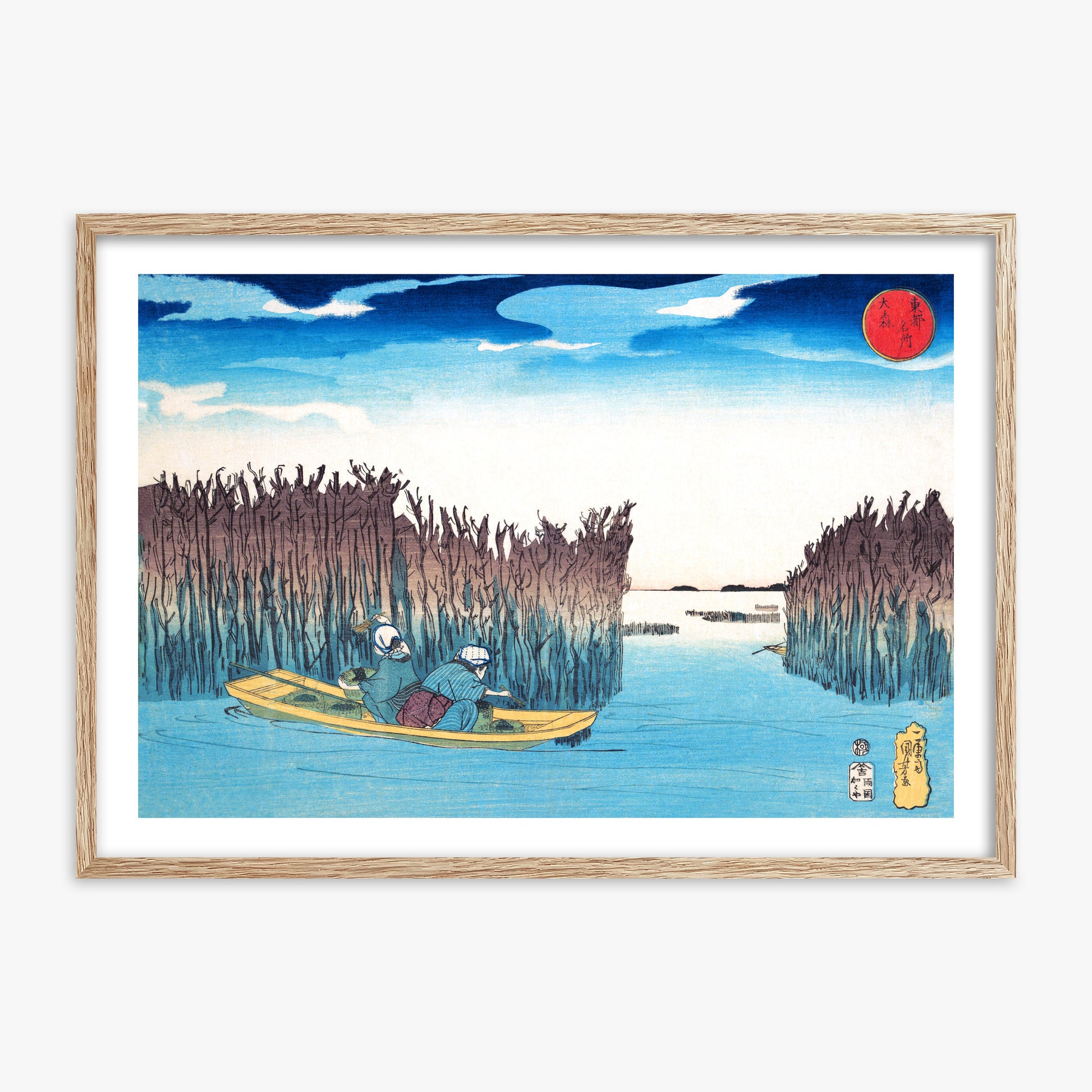Utagawa Kuniyoshi: Seaweed Gatherers at Omori, 70x100cm Framed Art Reproduction With Raw Oak Frame