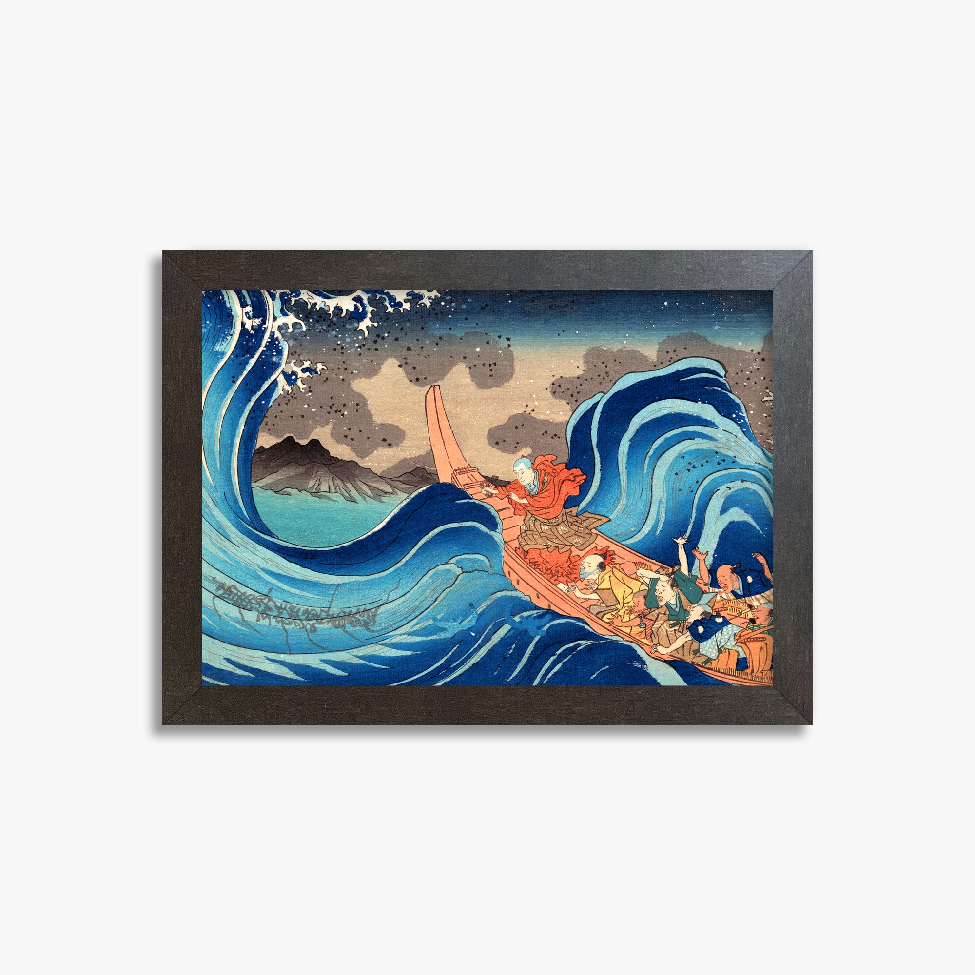 Utagawa Kuniyoshi: Calming the Stormy Sea at Tsunoda in Exile to Sado Island, 21x30cm Framed Art Reproduction With Espresso Frame