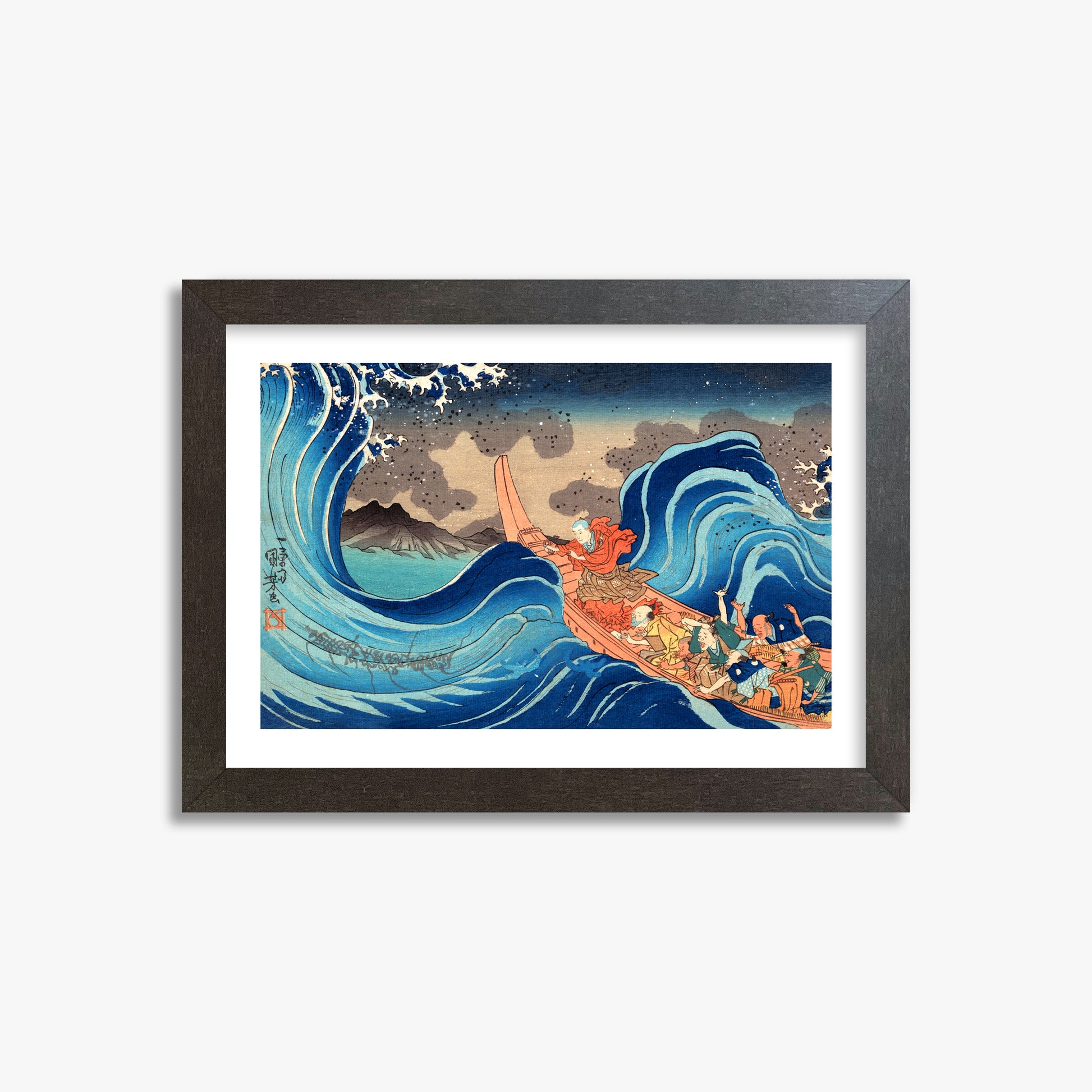 Utagawa Kuniyoshi: Calming the Stormy Sea at Tsunoda in Exile to Sado Island, 21x30cm Framed Art Reproduction With Espresso Frame