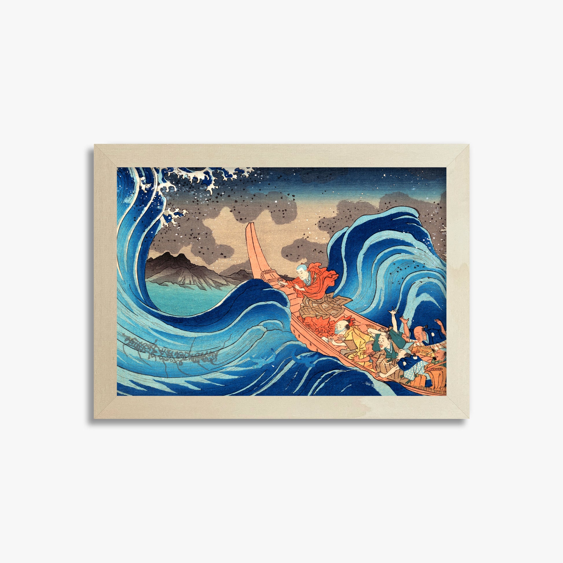 Utagawa Kuniyoshi: Calming the Stormy Sea at Tsunoda in Exile to Sado Island, 21x30cm Framed Art Reproduction With Lime Wood Frame