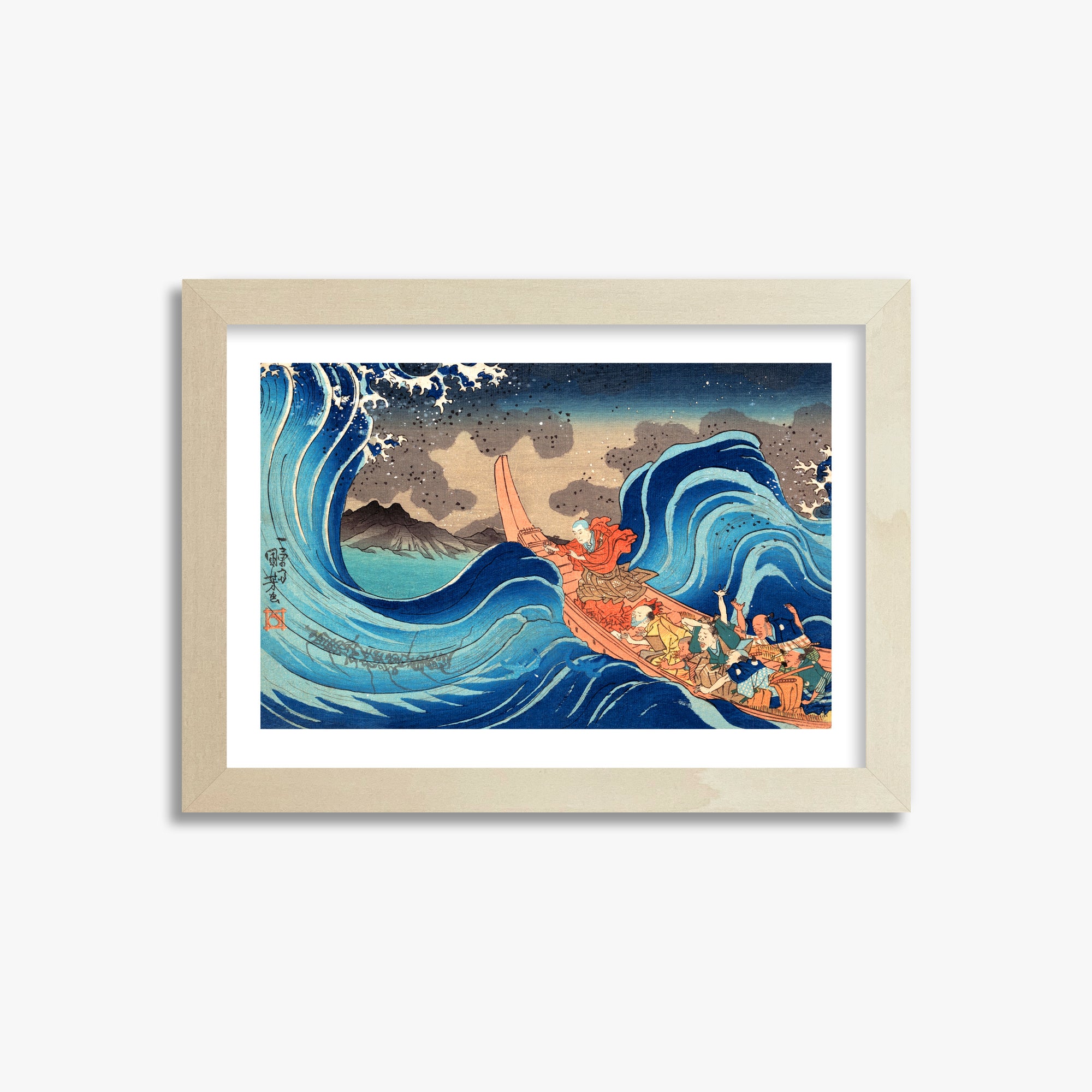 Utagawa Kuniyoshi: Calming the Stormy Sea at Tsunoda in Exile to Sado Island, 21x30cm Framed Art Reproduction With Lime Wood Frame