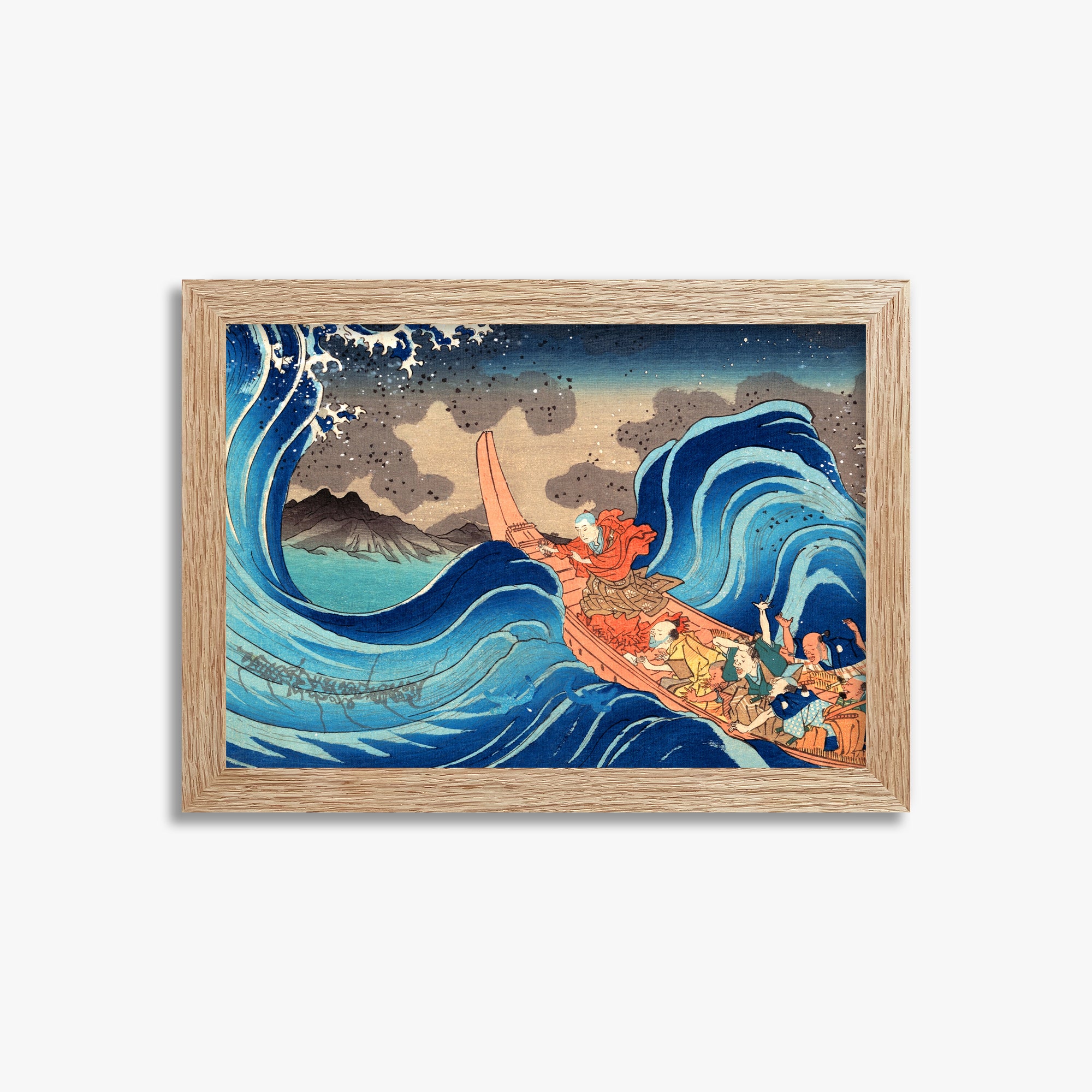 Utagawa Kuniyoshi: Calming the Stormy Sea at Tsunoda in Exile to Sado Island, 21x30cm Framed Art Reproduction With Raw Oak Frame