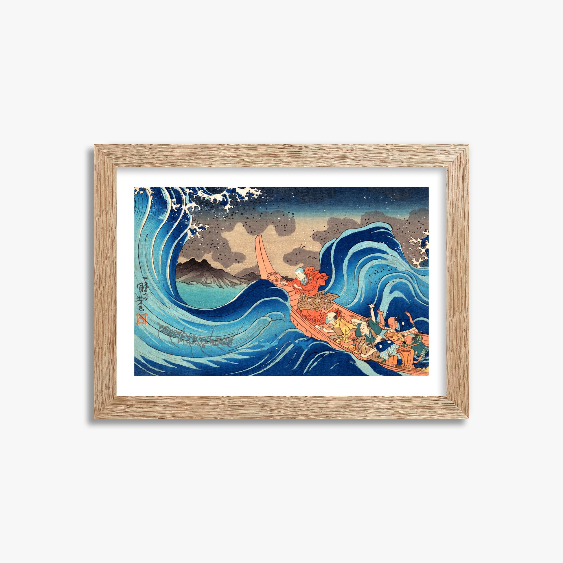 Utagawa Kuniyoshi: Calming the Stormy Sea at Tsunoda in Exile to Sado Island, 21x30cm Framed Art Reproduction With Raw Oak Frame