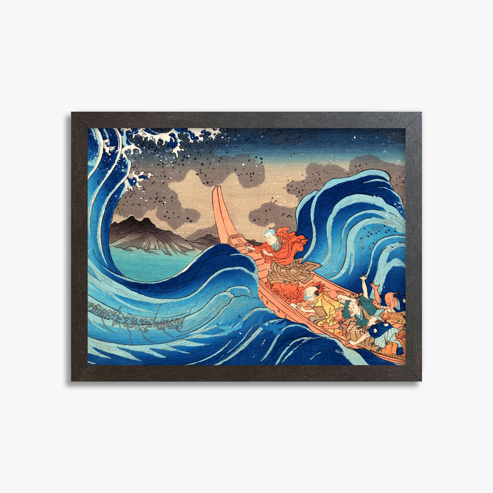 Utagawa Kuniyoshi: Calming the Stormy Sea at Tsunoda in Exile to Sado Island, 30x40cm Framed Art Reproduction With Espresso Frame