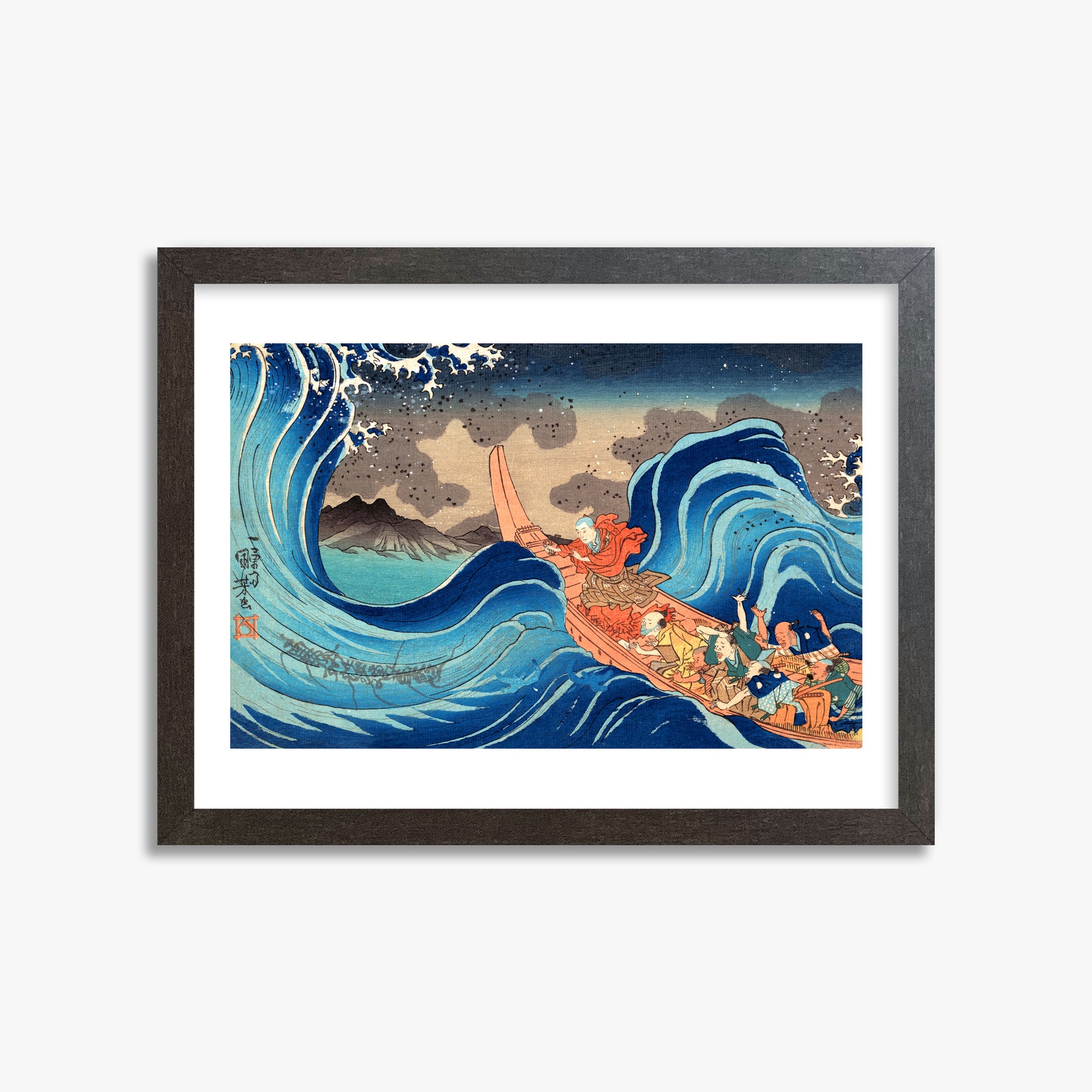 Utagawa Kuniyoshi: Calming the Stormy Sea at Tsunoda in Exile to Sado Island, 30x40cm Framed Art Reproduction With Espresso Frame