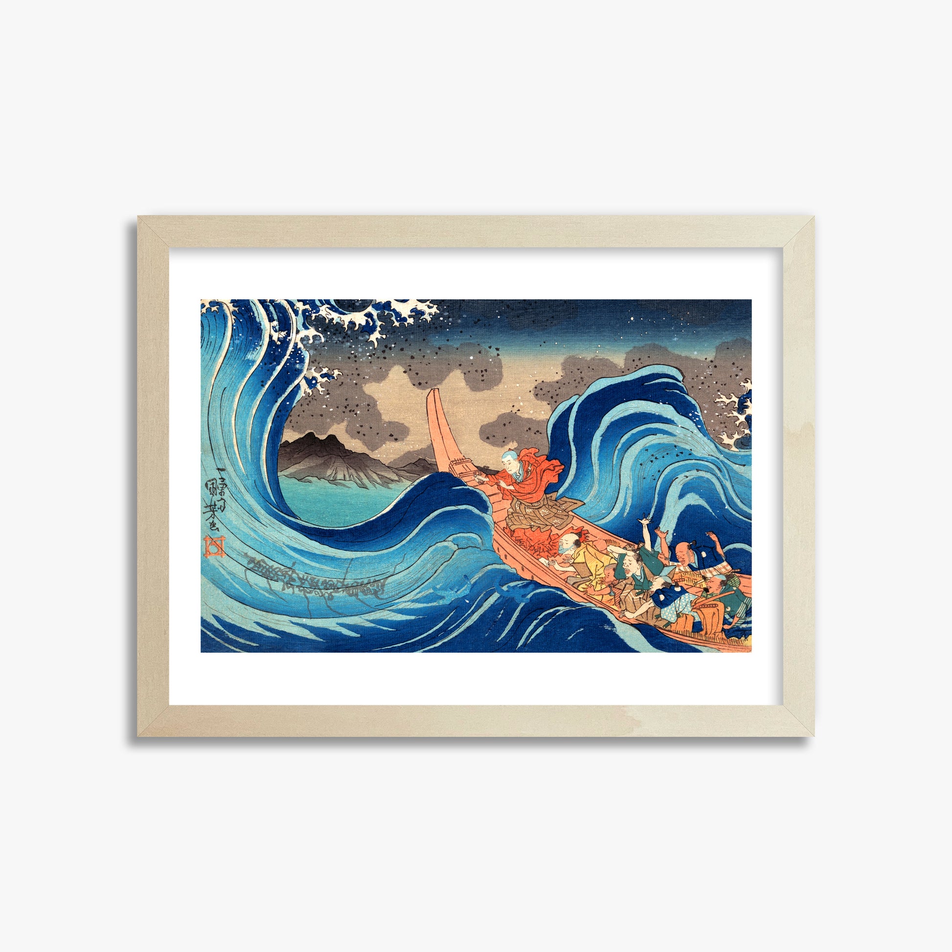 Utagawa Kuniyoshi: Calming the Stormy Sea at Tsunoda in Exile to Sado Island, 30x40cm Framed Art Reproduction With Lime Wood Frame