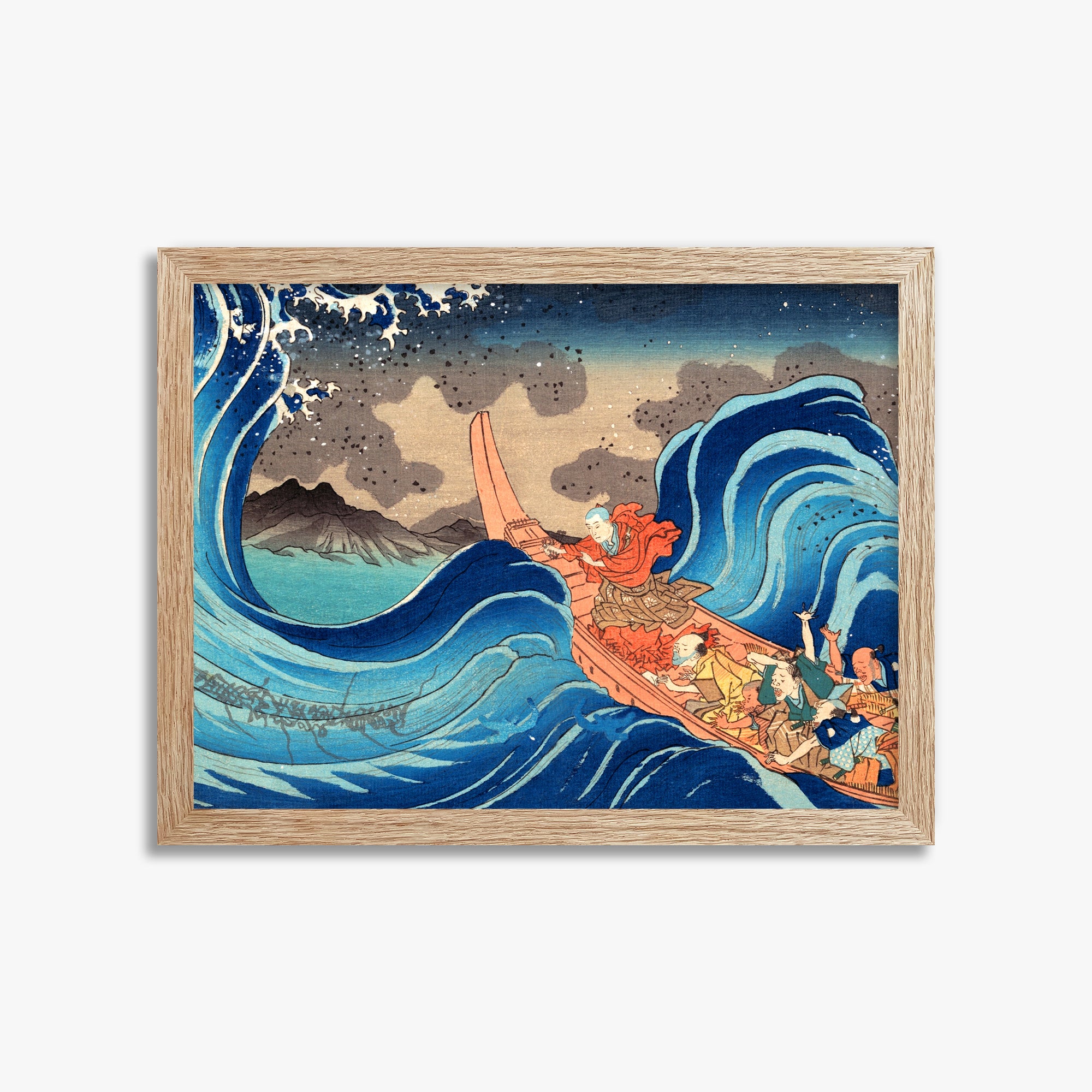 Utagawa Kuniyoshi: Calming the Stormy Sea at Tsunoda in Exile to Sado Island, 30x40cm Framed Art Reproduction With Raw Oak Frame