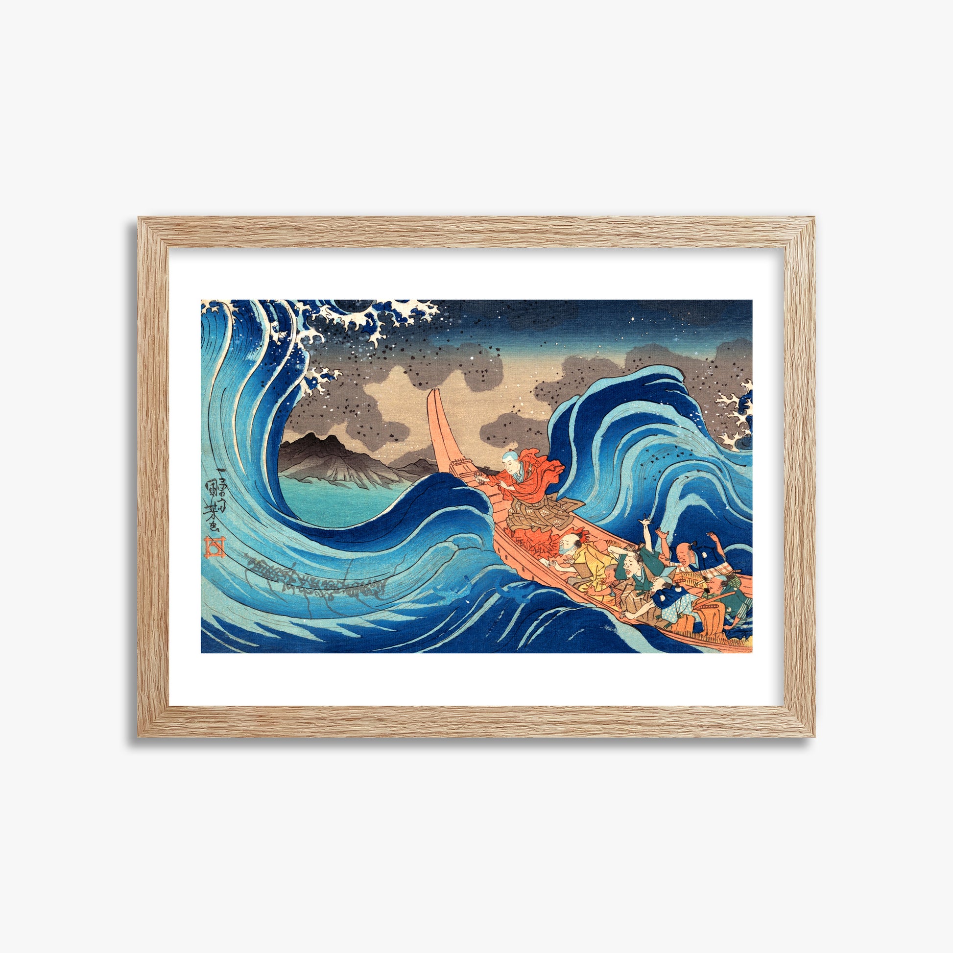 Utagawa Kuniyoshi: Calming the Stormy Sea at Tsunoda in Exile to Sado Island, 30x40cm Framed Art Reproduction With Raw Oak Frame