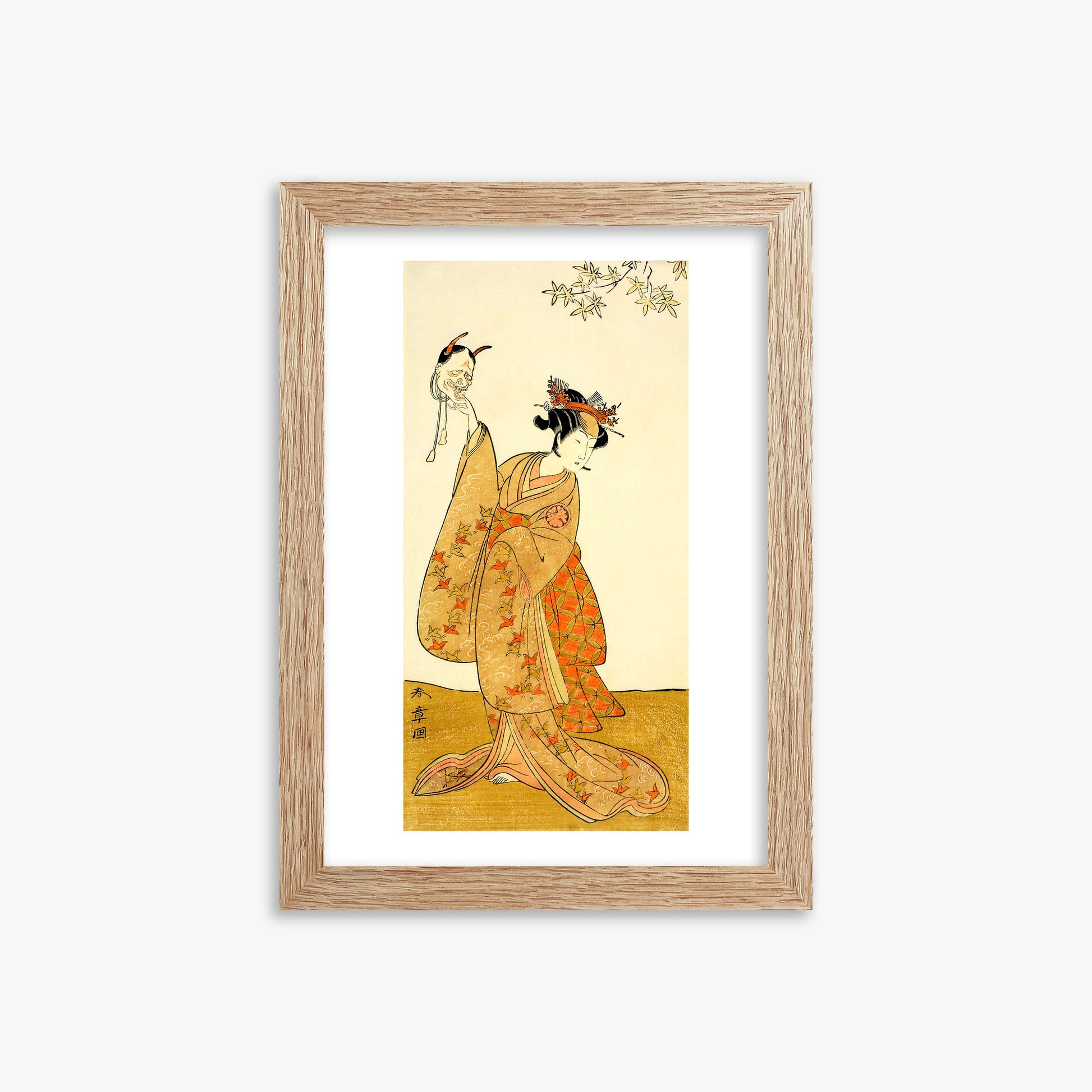 Katsukawa Shunsho: Segawa Yūjirō I as Matsukaze, Sister of Togashi no Saemon, 21x30cm Framed Art Reproduction With Raw Oak Frame