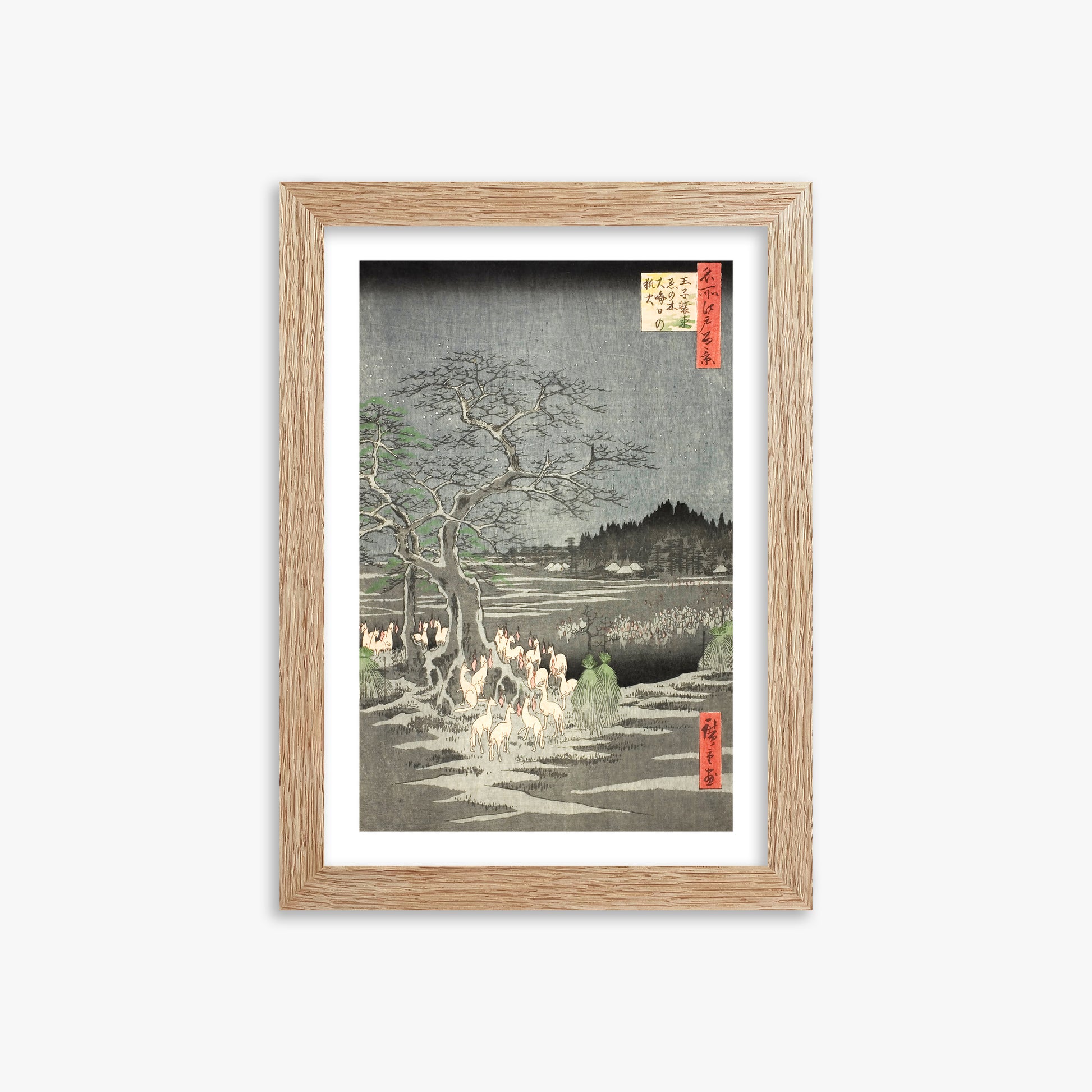 Utagawa Hiroshige: Fox Fires on New Year’s Eve at the Changing Tree in Oji, 21x30cm Framed Art Reproduction With Raw Oak Frame