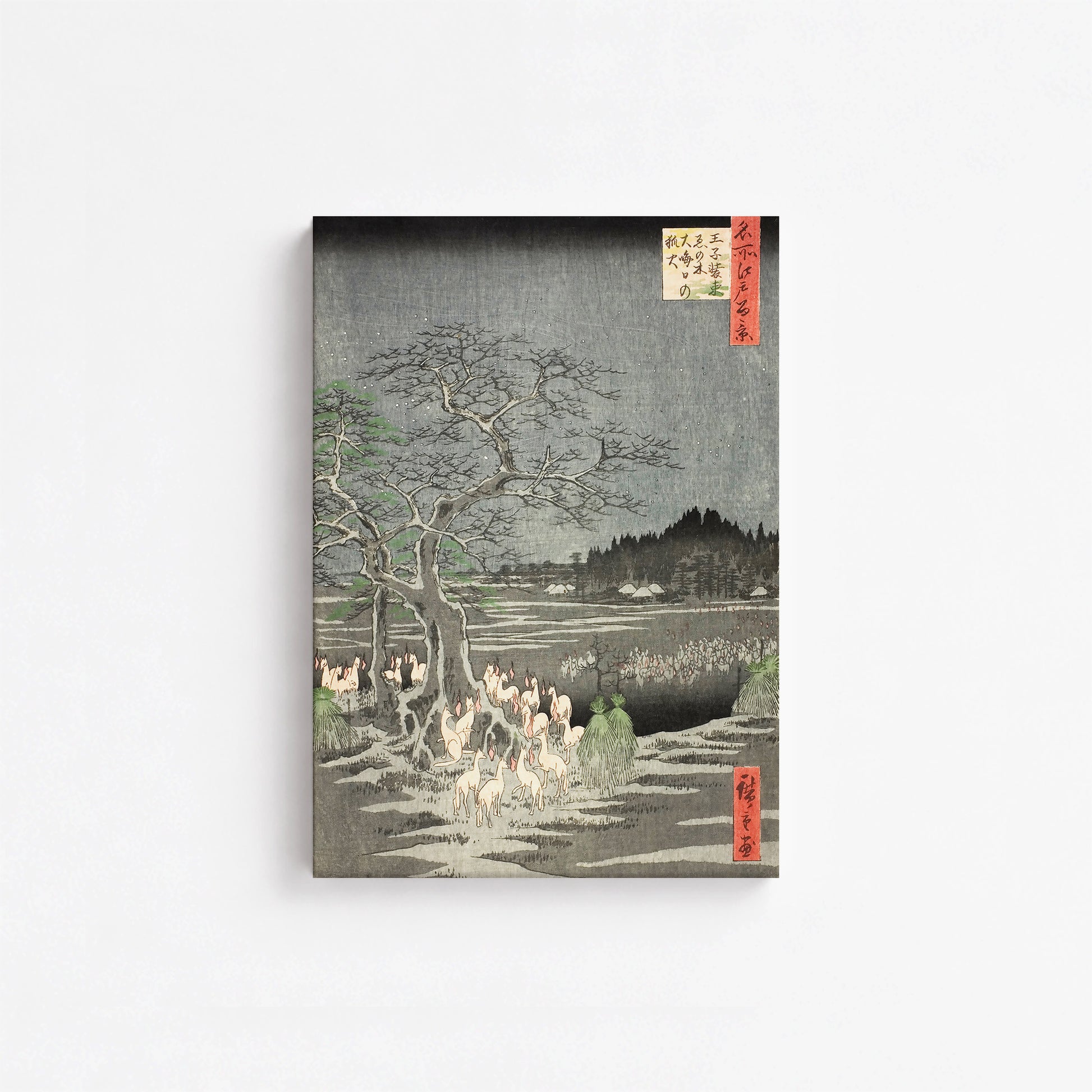 Utagawa Hiroshige: Fox Fires on New Year’s Eve at the Changing Tree in Oji, 21x30cm Satin Canvas Art Reproduction
