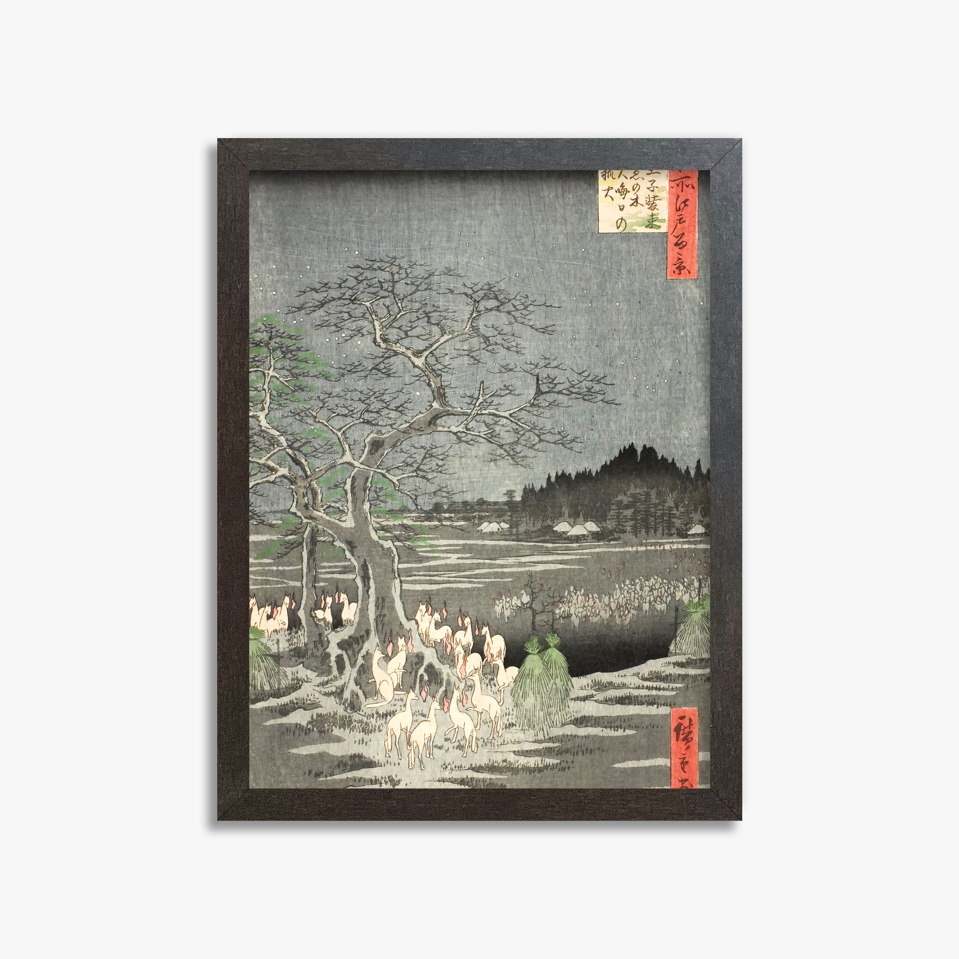 Utagawa Hiroshige: Fox Fires on New Year’s Eve at the Changing Tree in Oji, 30x40cm Framed Art Reproduction With Espresso Frame