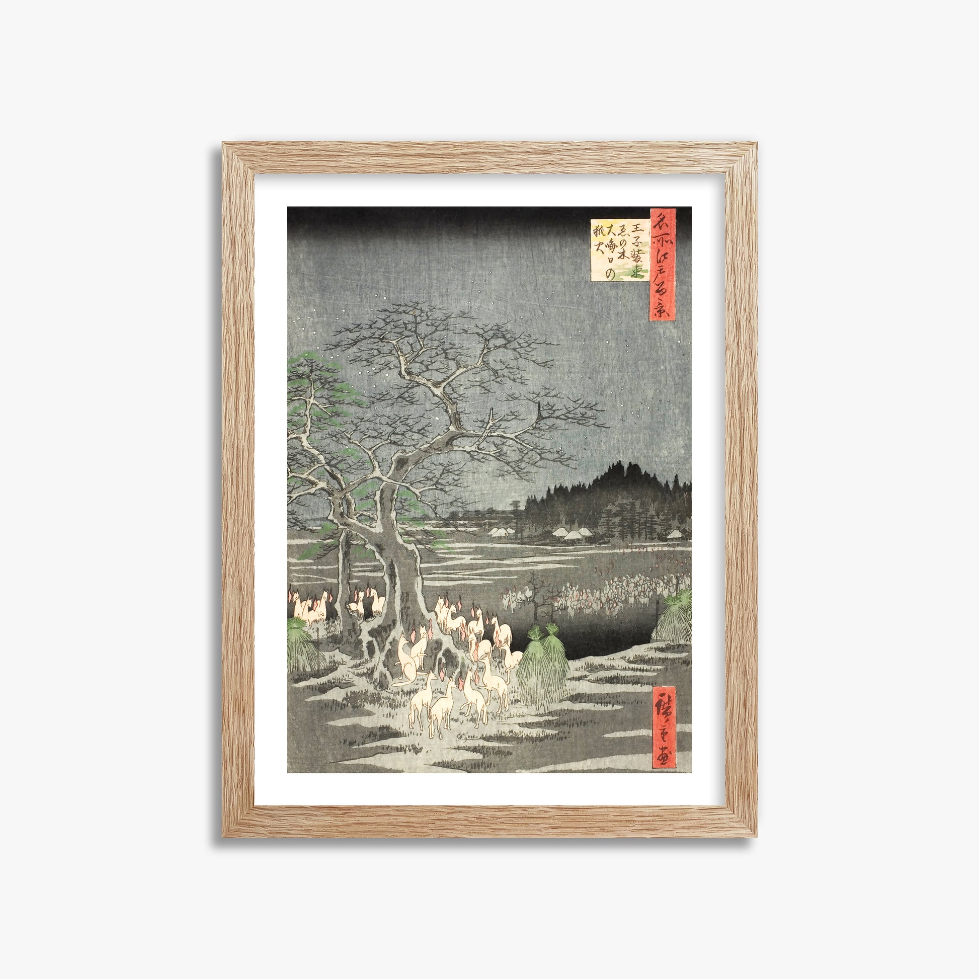 Utagawa Hiroshige: Fox Fires on New Year’s Eve at the Changing Tree in Oji, 30x40cm Framed Art Reproduction With Raw Oak Frame