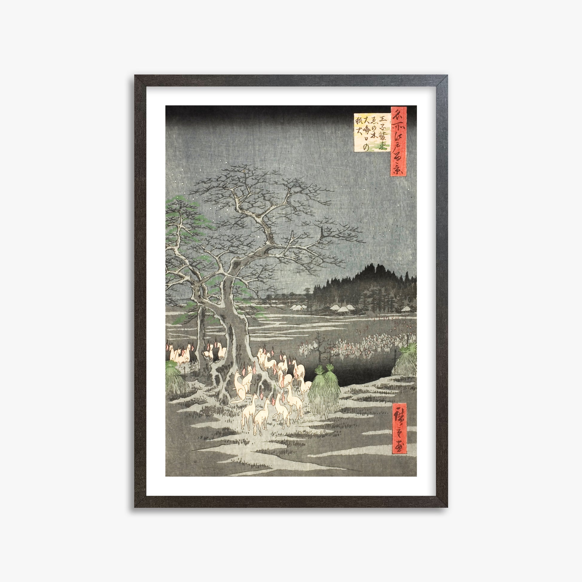 Utagawa Hiroshige: Fox Fires on New Year’s Eve at the Changing Tree in Oji, 50x70cm Framed Art Reproduction With Espresso Frame