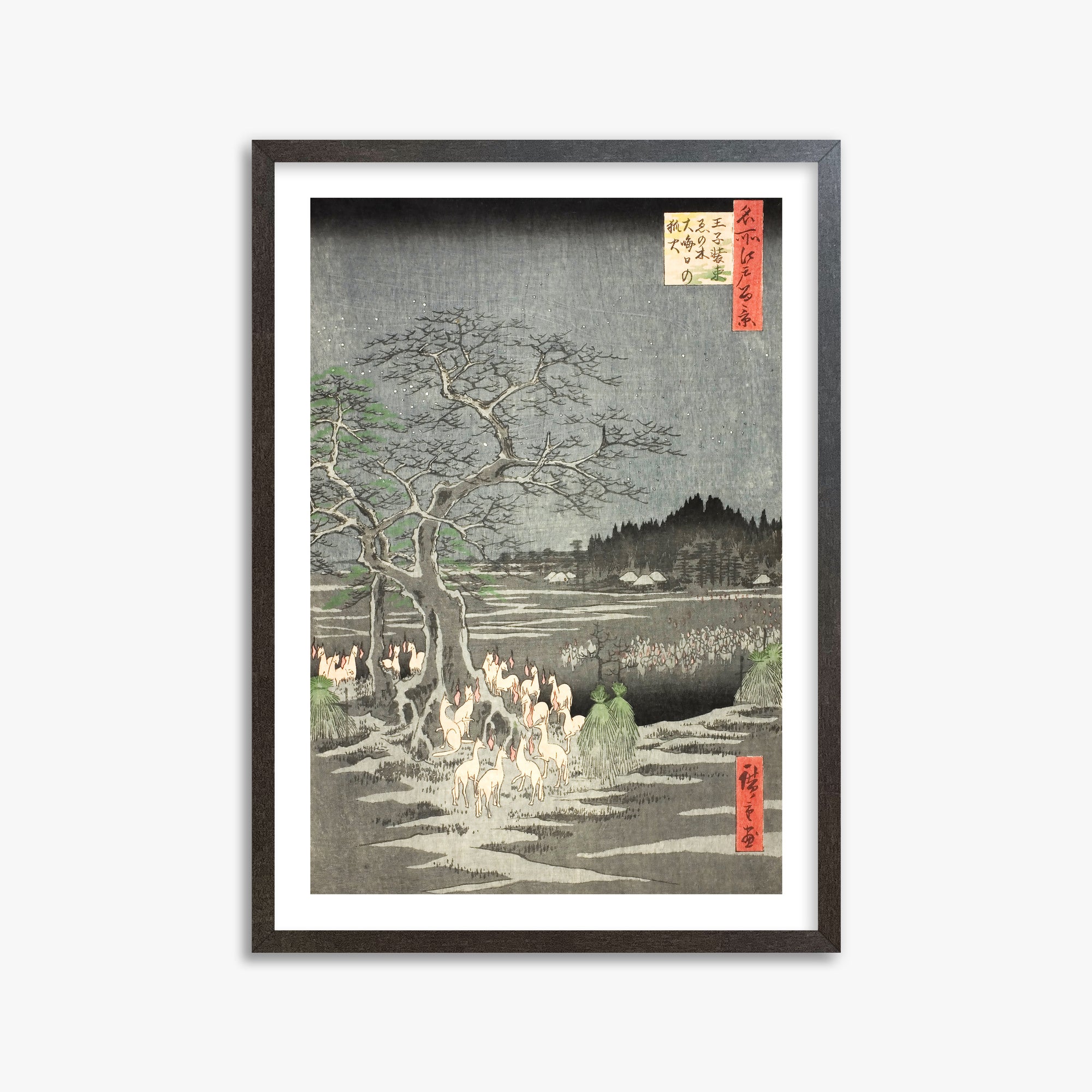 Utagawa Hiroshige: Fox Fires on New Year’s Eve at the Changing Tree in Oji, 50x70cm Framed Art Reproduction With Espresso Frame