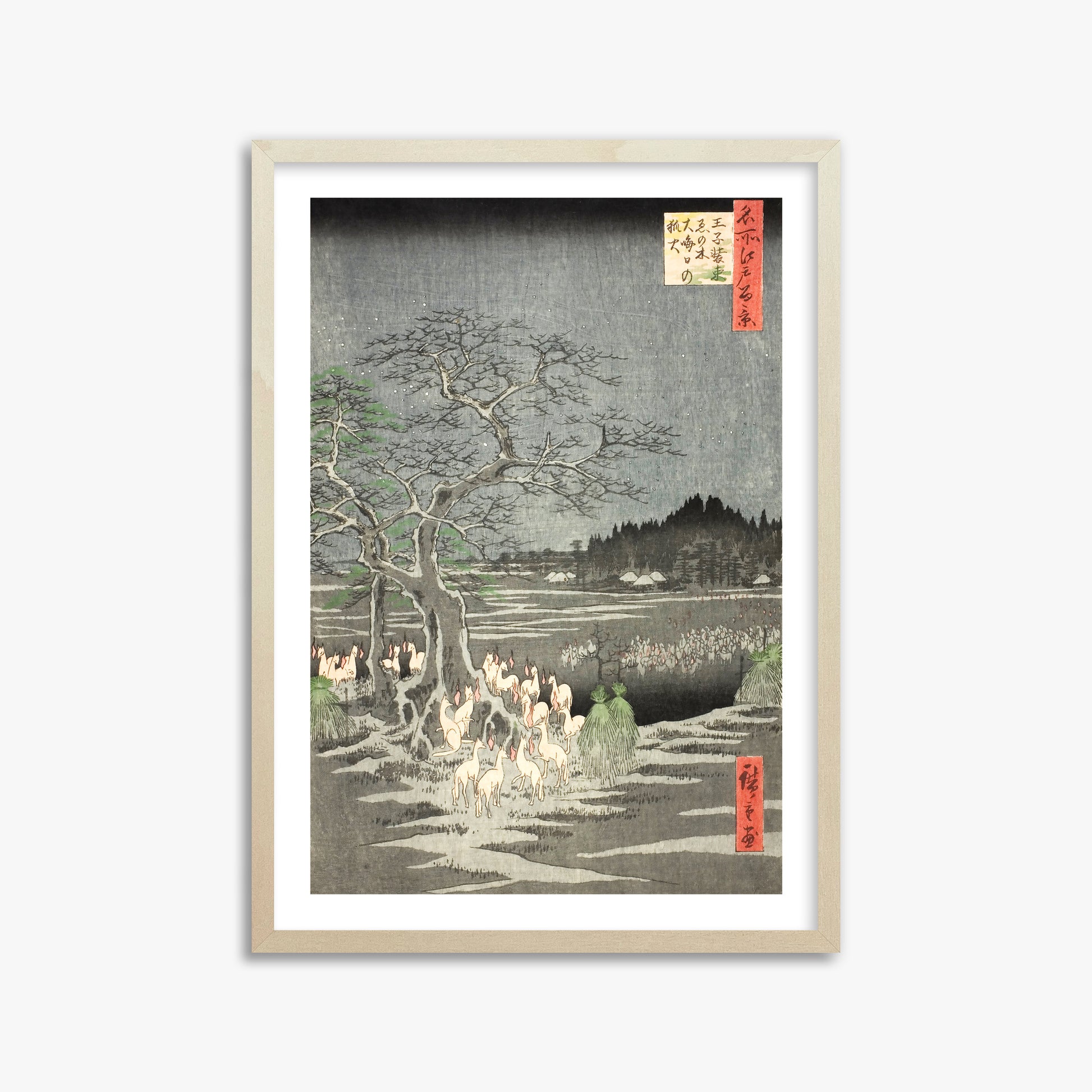 Utagawa Hiroshige: Fox Fires on New Year’s Eve at the Changing Tree in Oji, 50x70cm Framed Art Reproduction With Lime Wood Frame